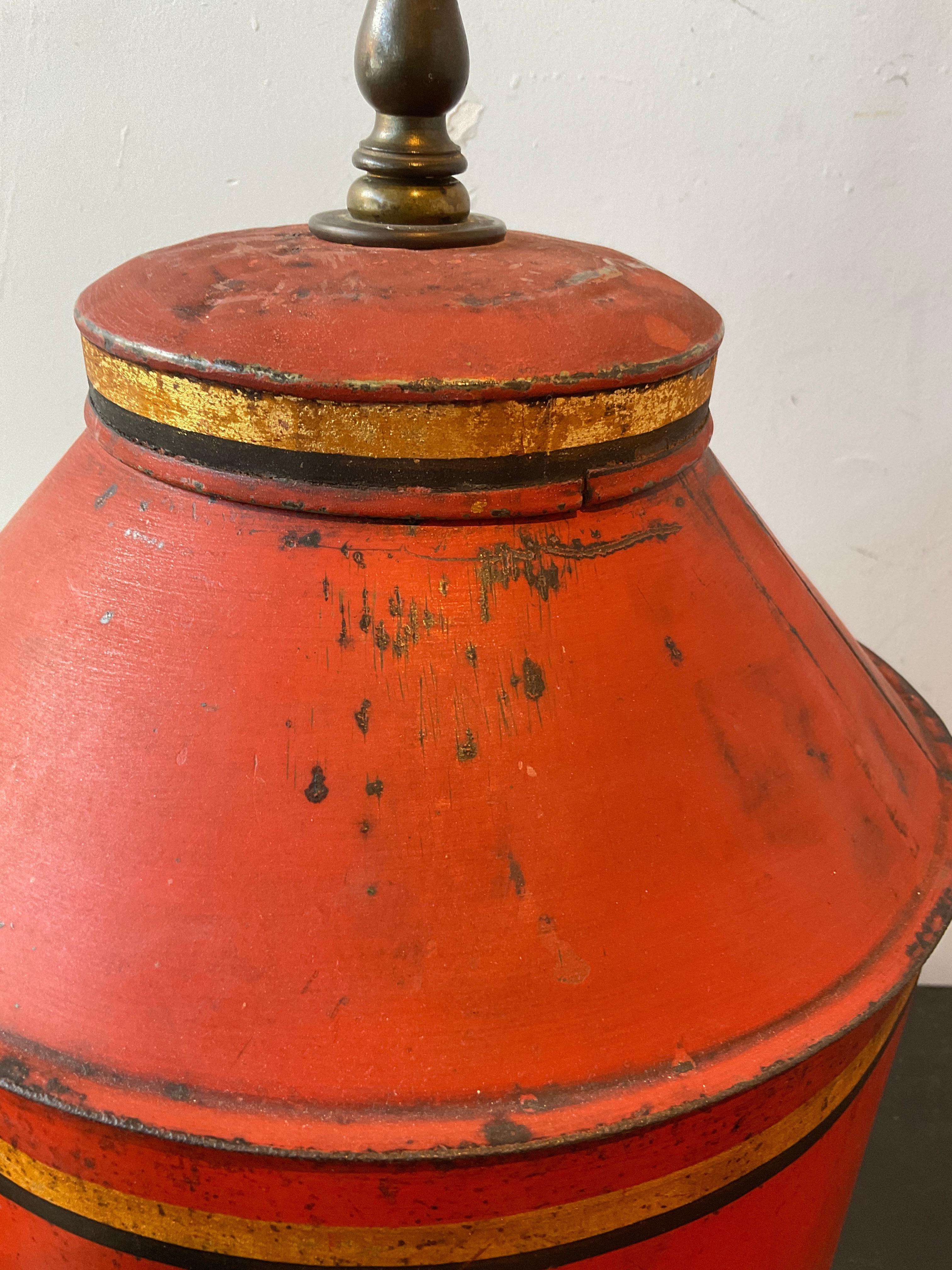 1880s Orange # 5 Tole Tea Canister lamp For Sale 5