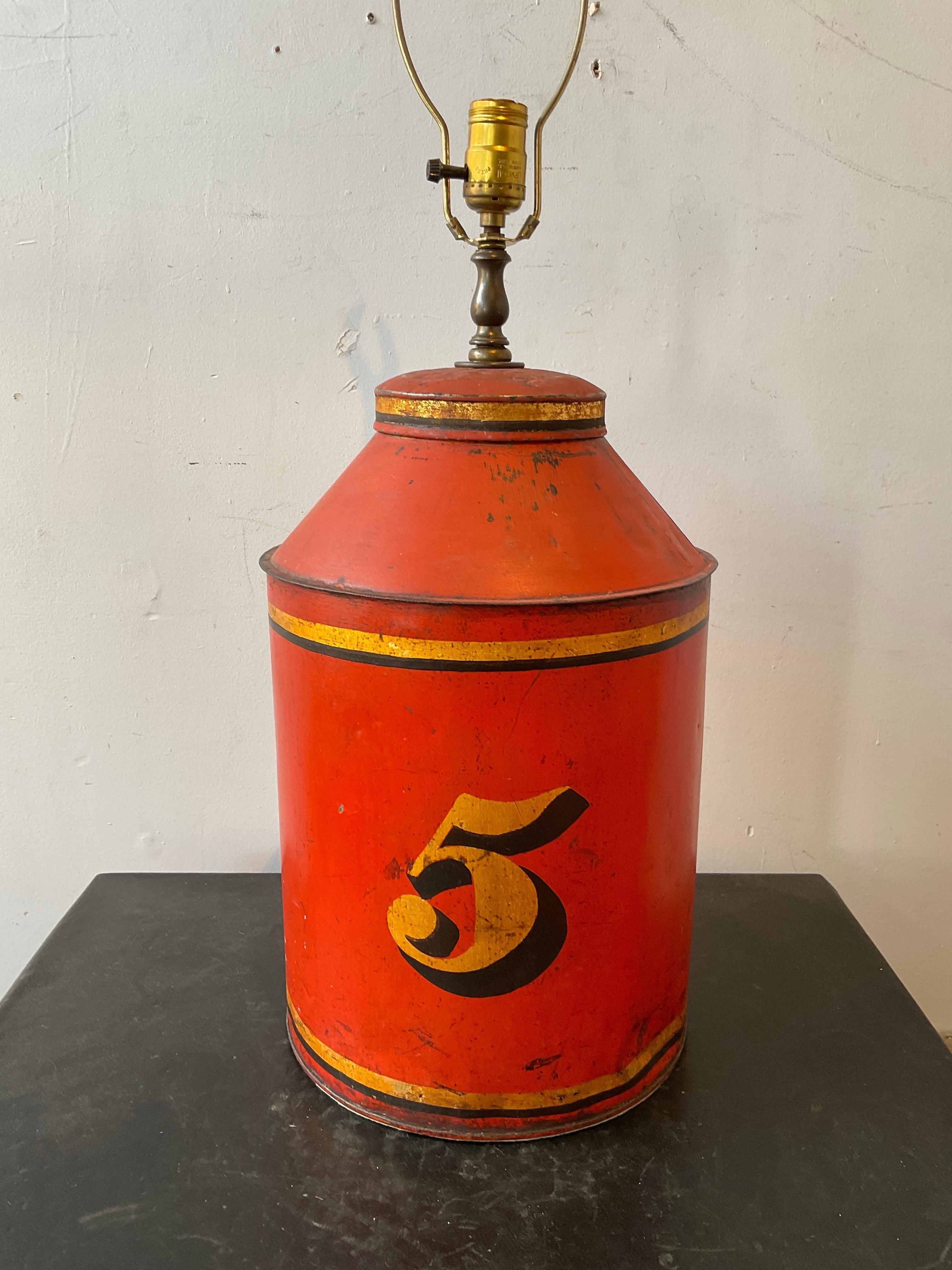 1880s Orange # 5 Tole Tea Canister lamp In Fair Condition For Sale In Tarrytown, NY