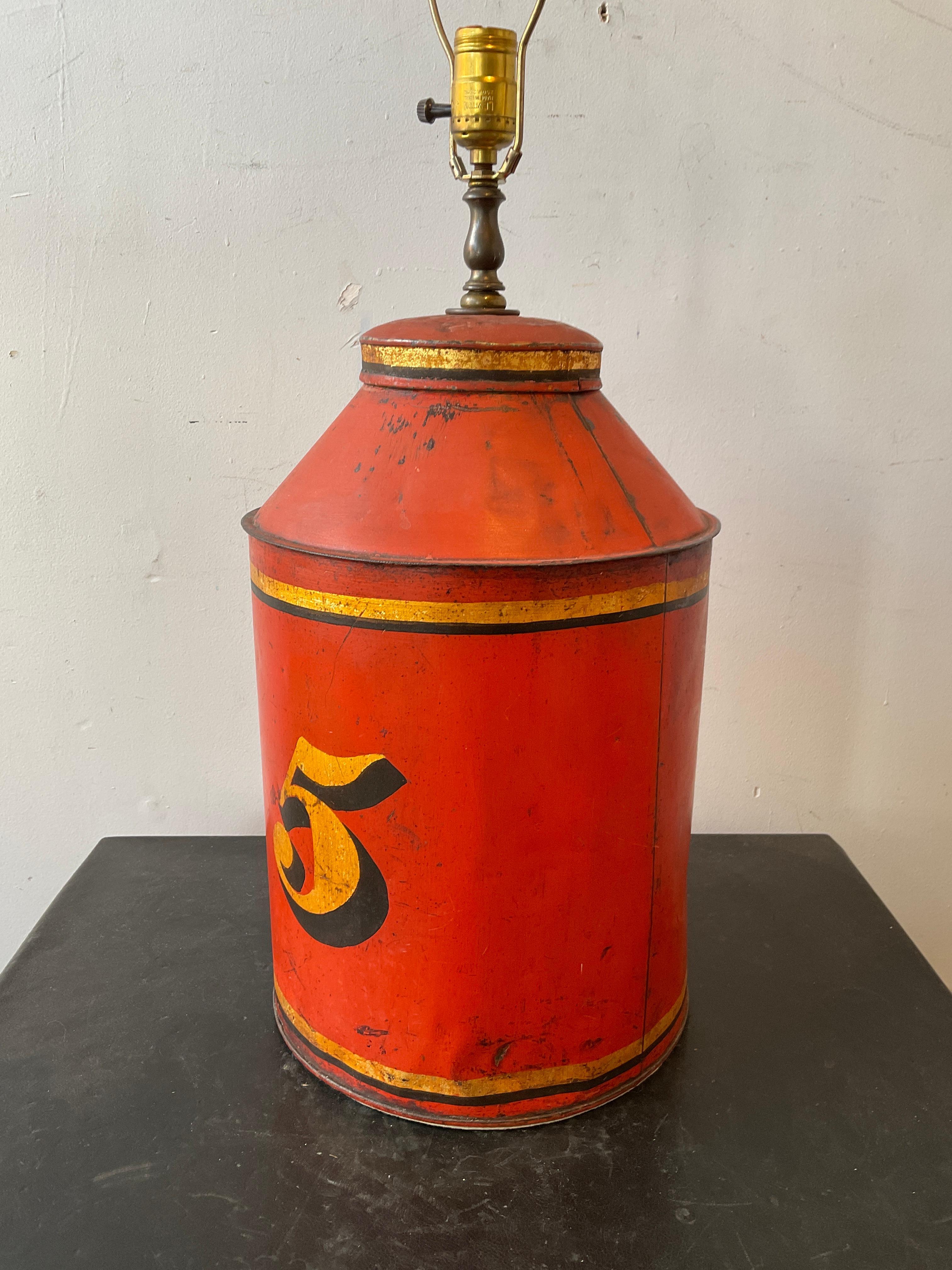 Late 19th Century 1880s Orange # 5 Tole Tea Canister lamp For Sale