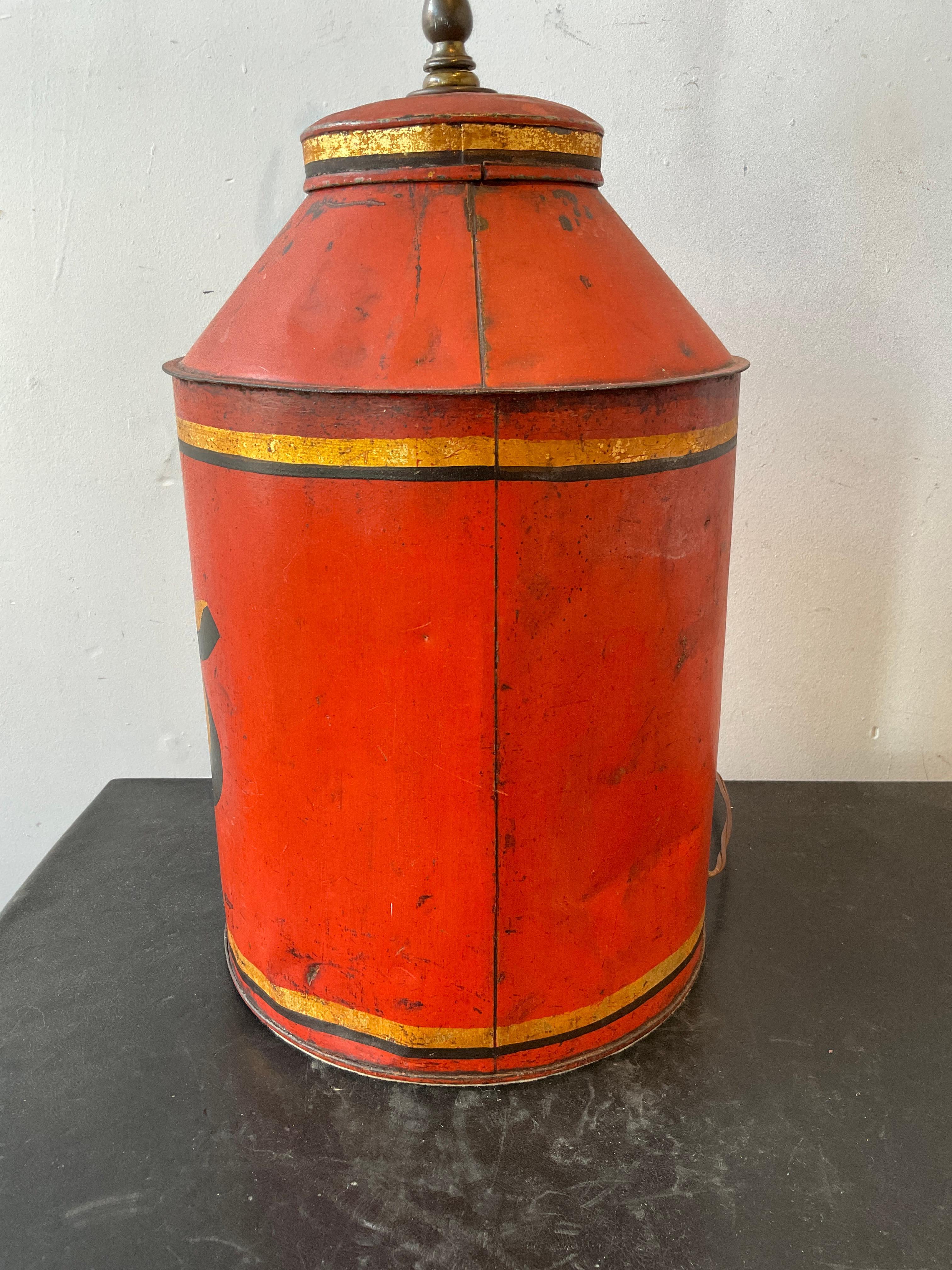 1880s Orange # 5 Tole Tea Canister lamp For Sale 1