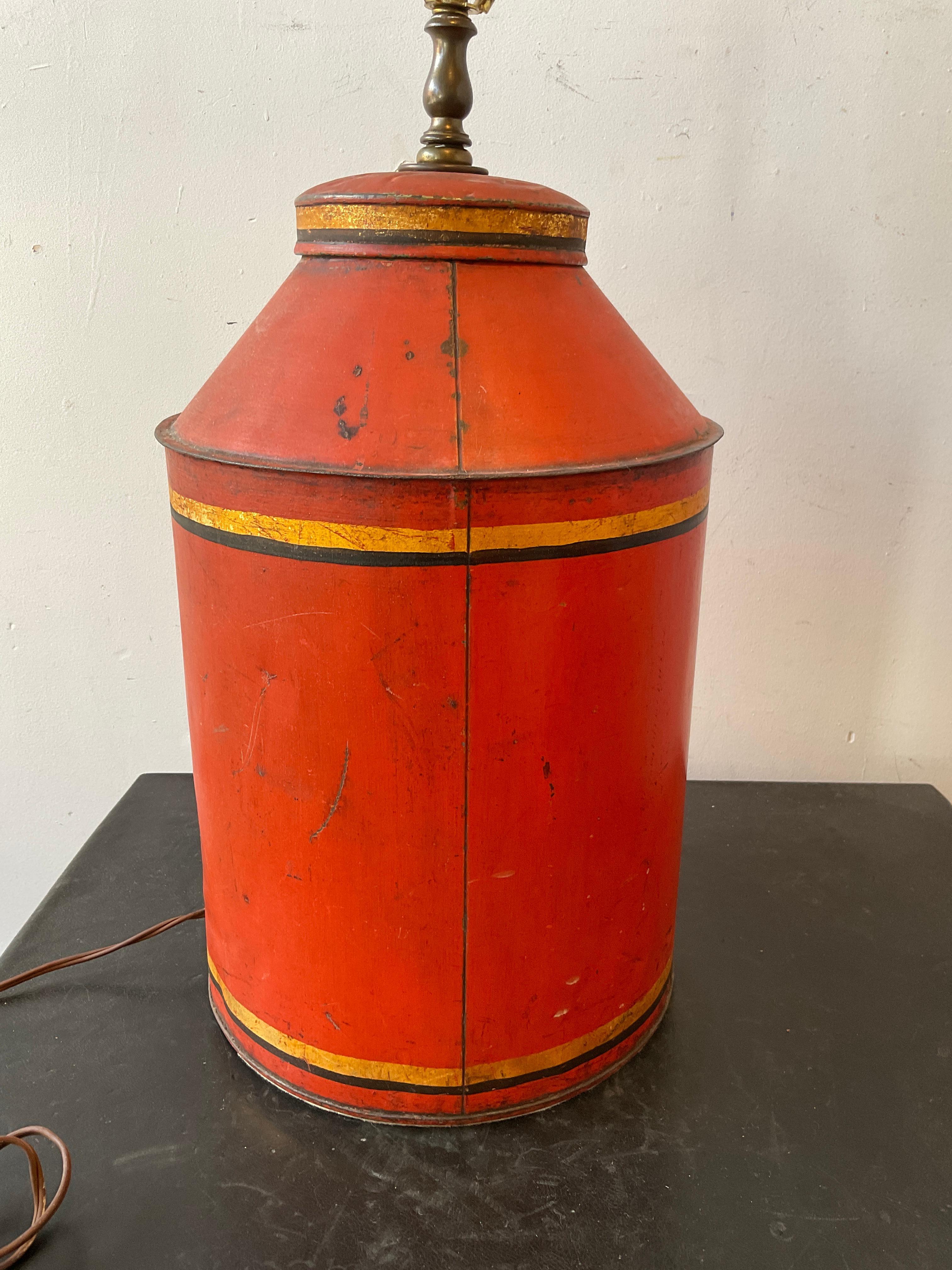 1880s Orange # 5 Tole Tea Canister lamp For Sale 3
