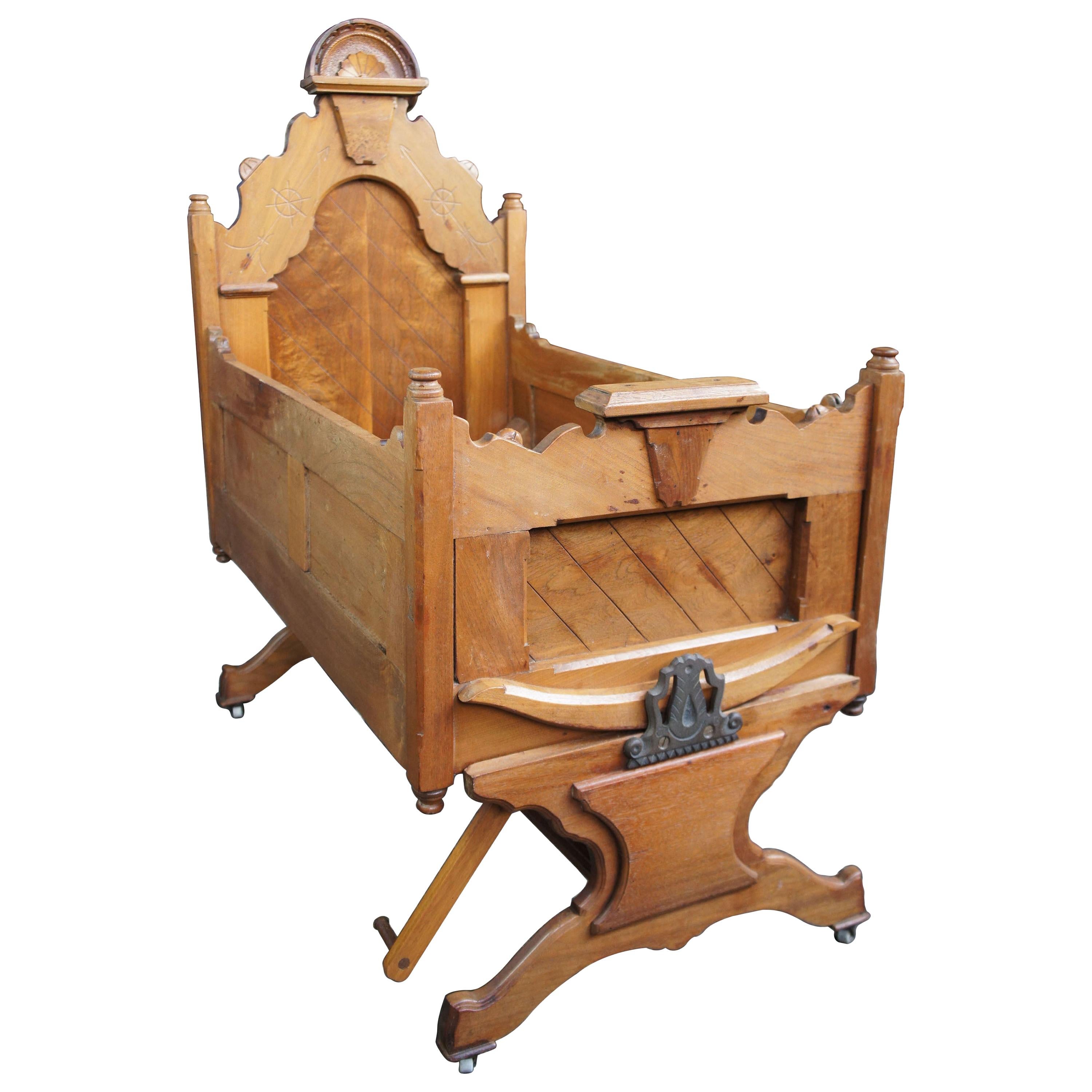 1880s Ornate Victorian Rocking Cradle Carved Walnut Knockdown Rocker Baby Bed