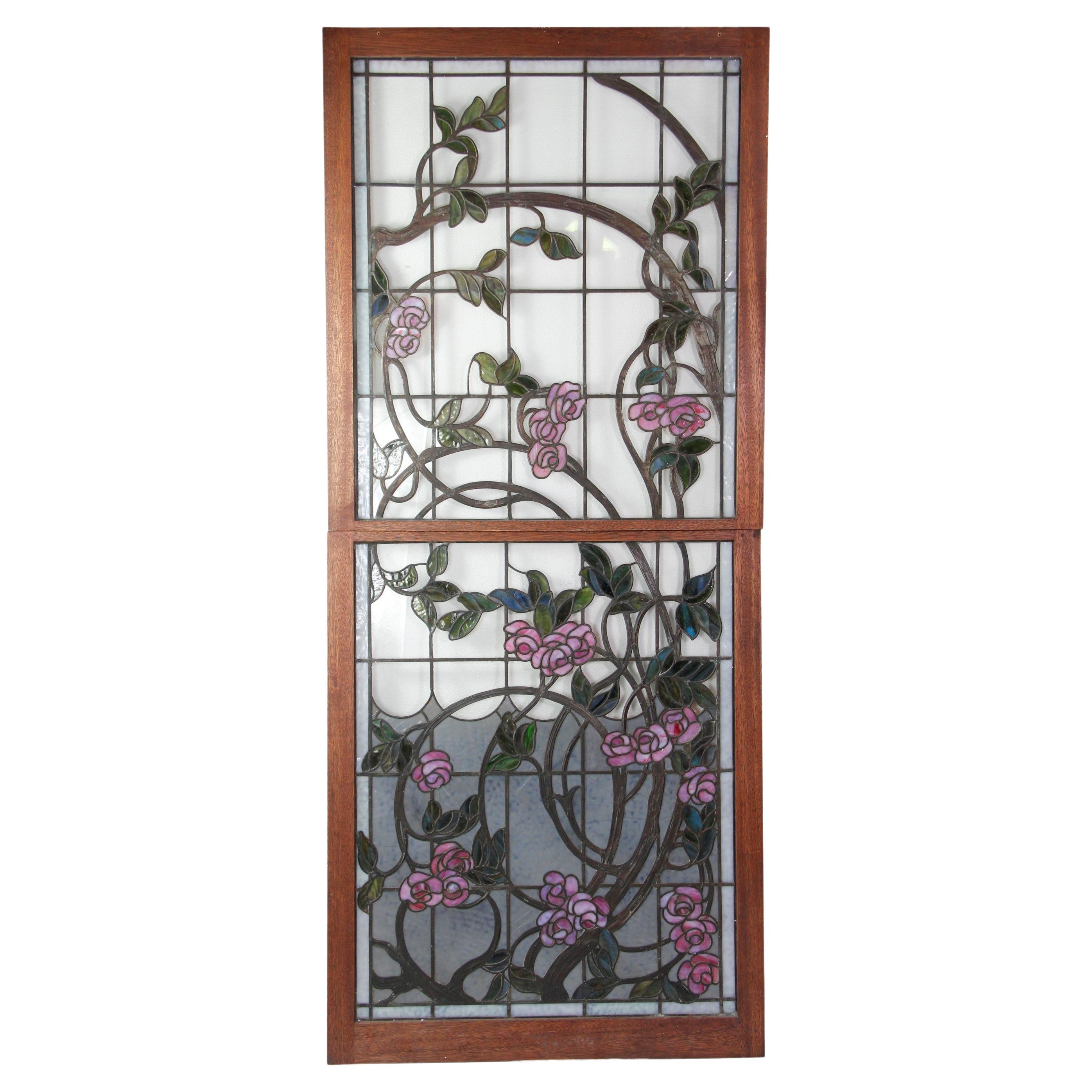 1880s Pair Floral Water Lilies Stained Glass Windows Set from a Kentucky Mansion