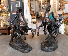 1880s Pair of Bronze Sculptures of Horses with Men, Signed COUSTOU