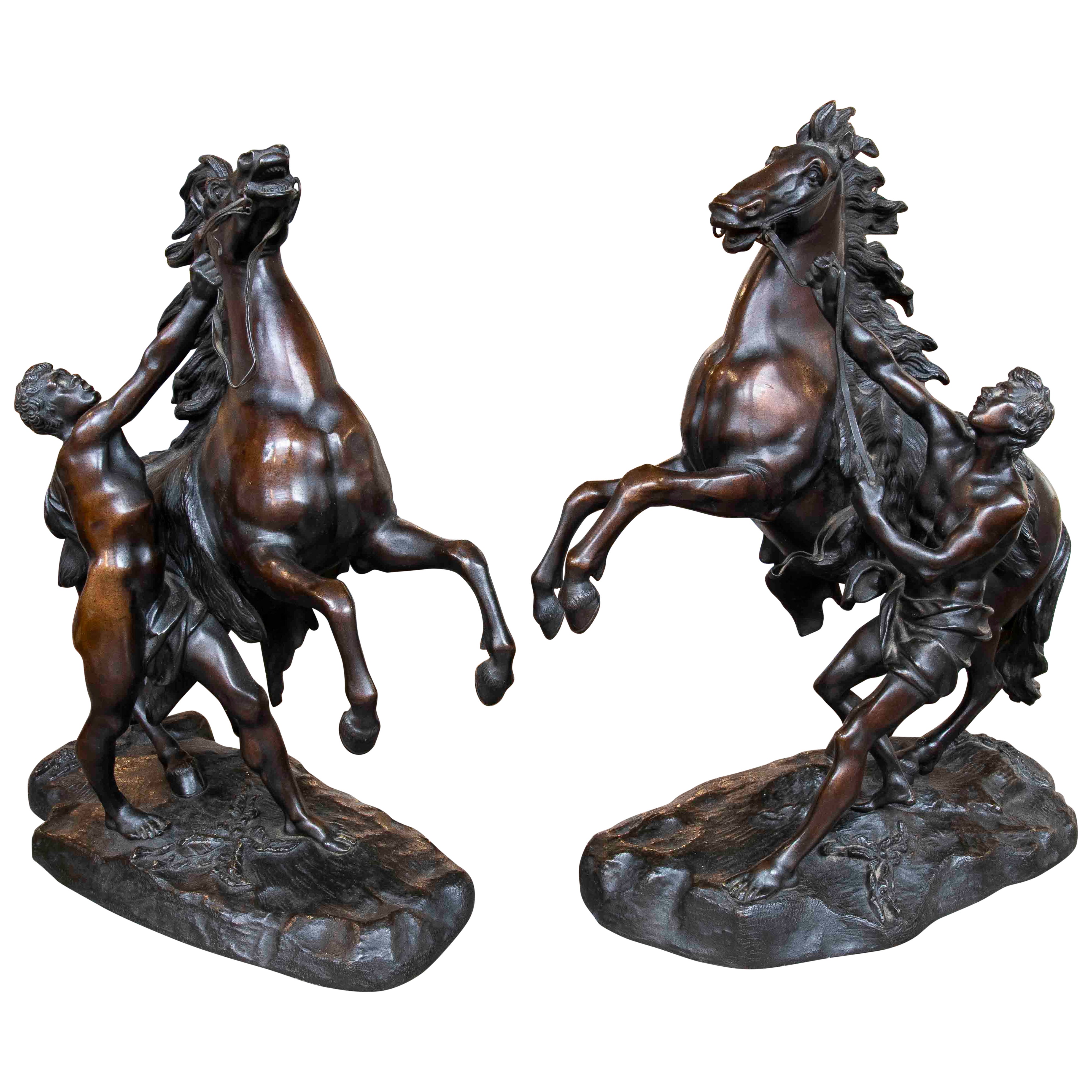 1880s Pair of Bronze Sculptures of Horses with Men, Signed COUSTOU For Sale