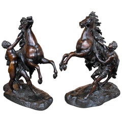 1880s Pair of Bronze Sculptures of Horses with Men, Signed COUSTOU