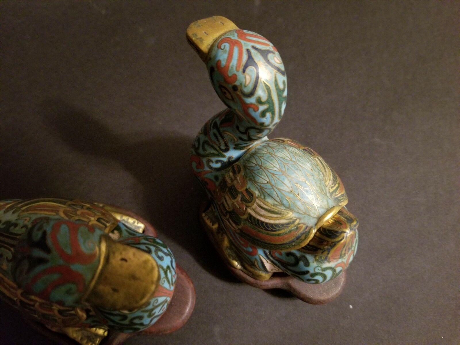 1880's Pair of Chinese Cloisonné Enamel Censer, Ducks on the Fitted Wood Base In Good Condition For Sale In Norton, MA