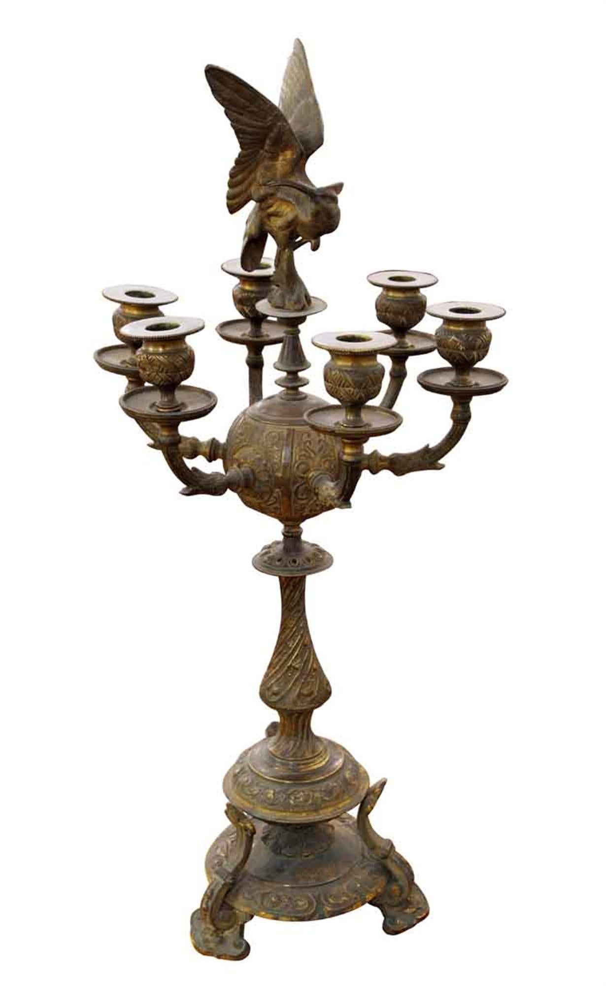 1880s highly ornate and figural solid bronze candelabras with six arms and heron bird detail on the top of each. Priced as a pair. Please note, this item is located in one of our NYC locations.