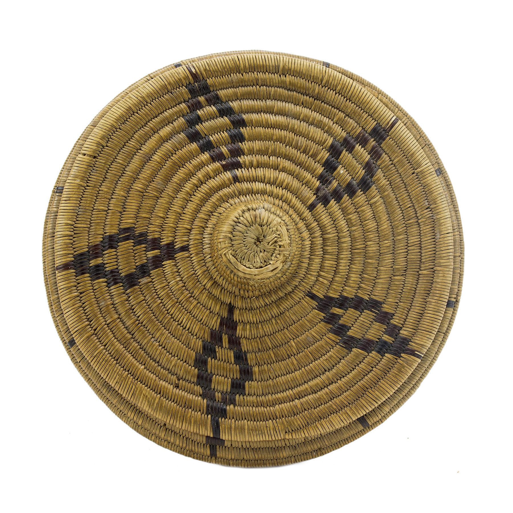Very finely woven Panamint lidded basket having four eagles and diamond motif on lid. 4