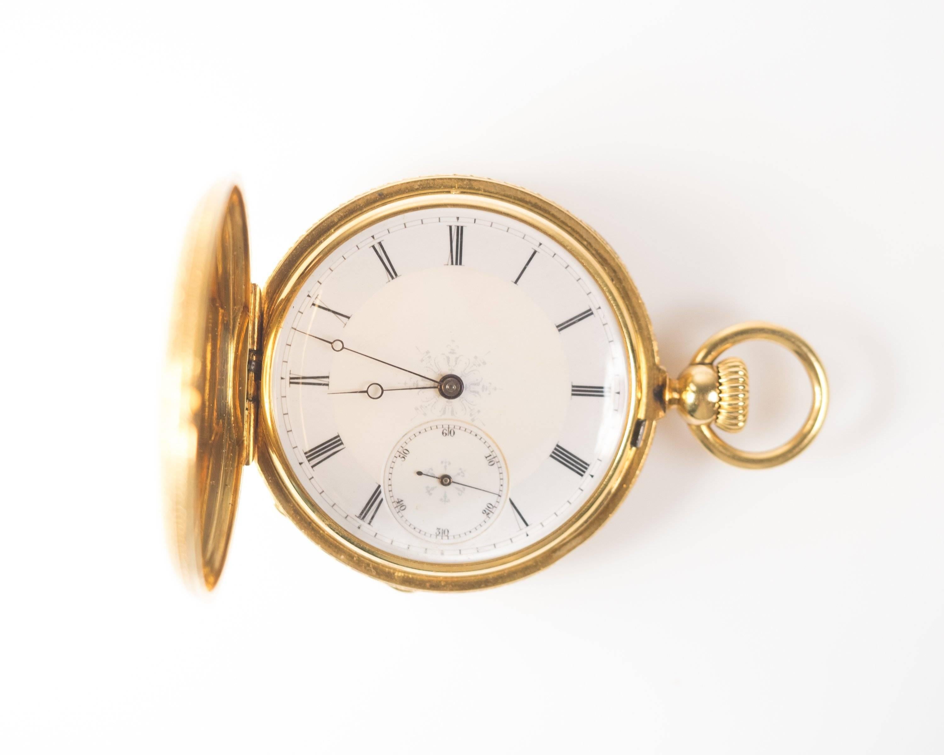 Unique 1880s Pocket Watch
Crafted in 18 Karat pocket watch
Made by Iconic watch maker Patek Philippe and sold at jeweler A.H. Rodent store front. The hallmarks of the jeweler are visible on the case back. 

Pocket watch features a porcelain and