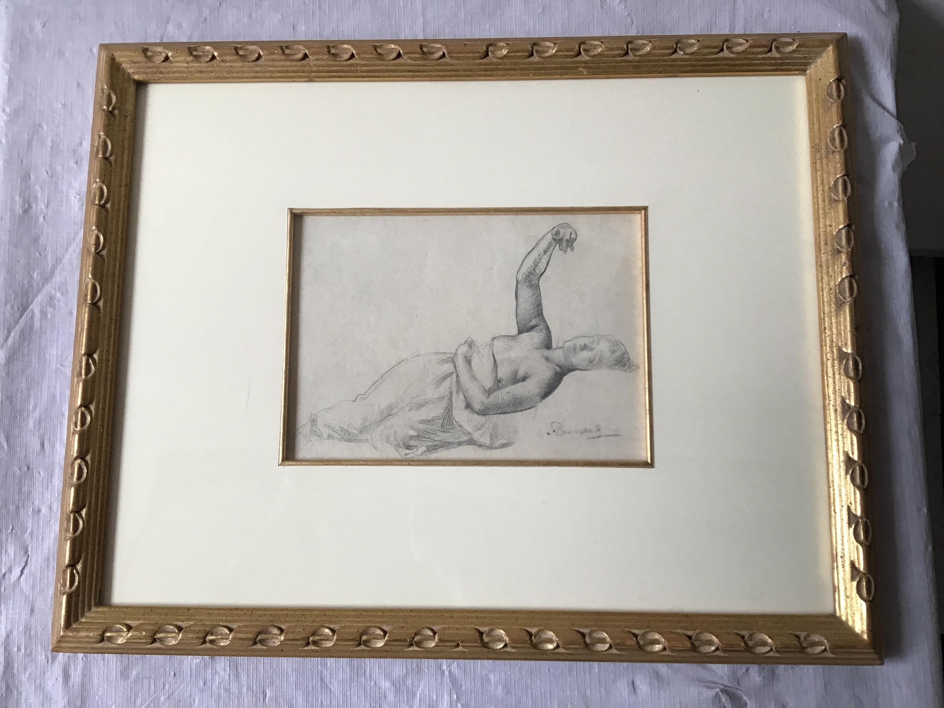 1880s Paul Albert Besnard pencil drawing of a reclining woman. In a gold gilt frame. From a celebrities Southampton, NY oceanfront estate.