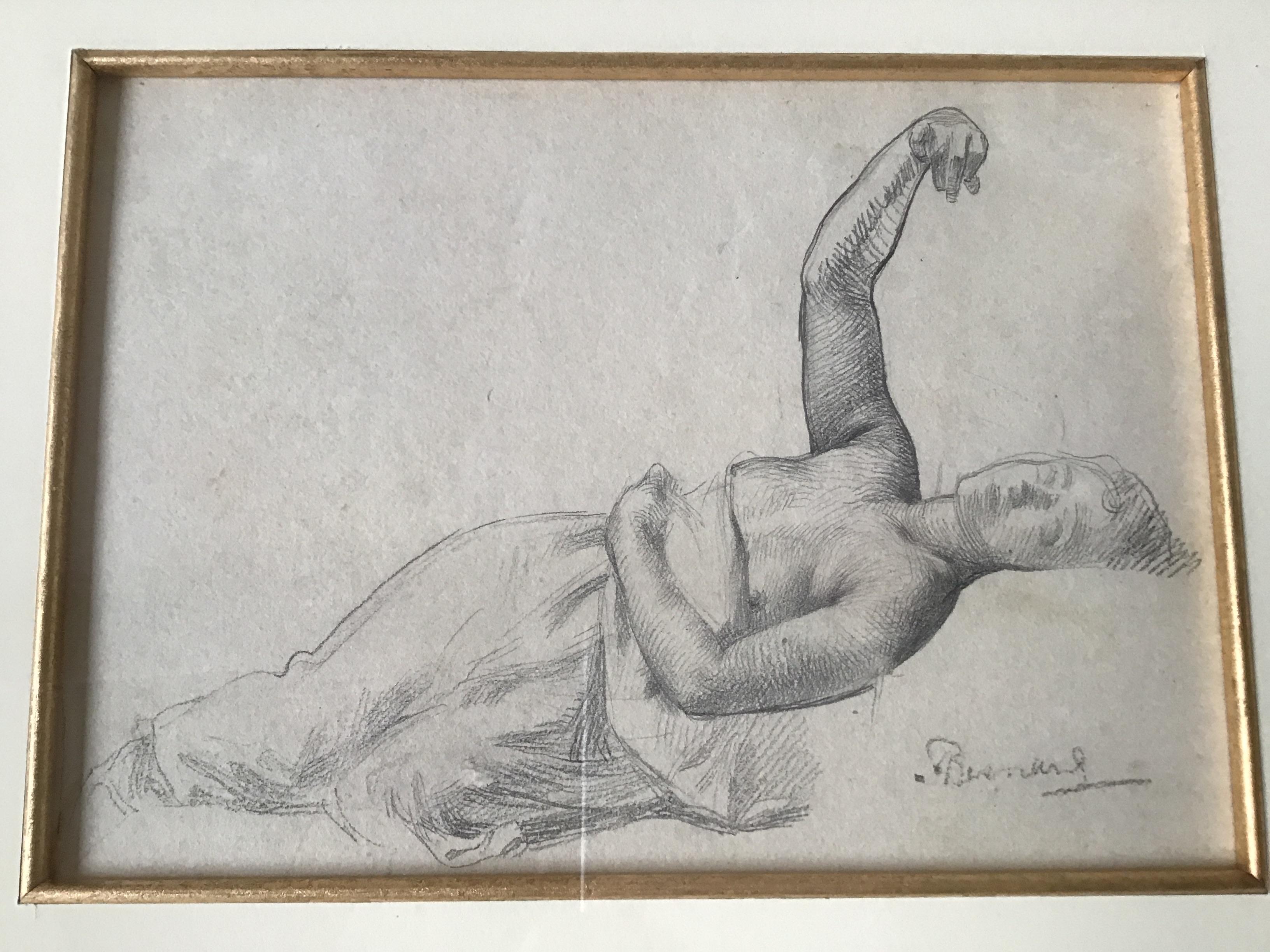 Paper 1880s Paul Albert Besnard Pencil Drawing of a Reclining Woman For Sale