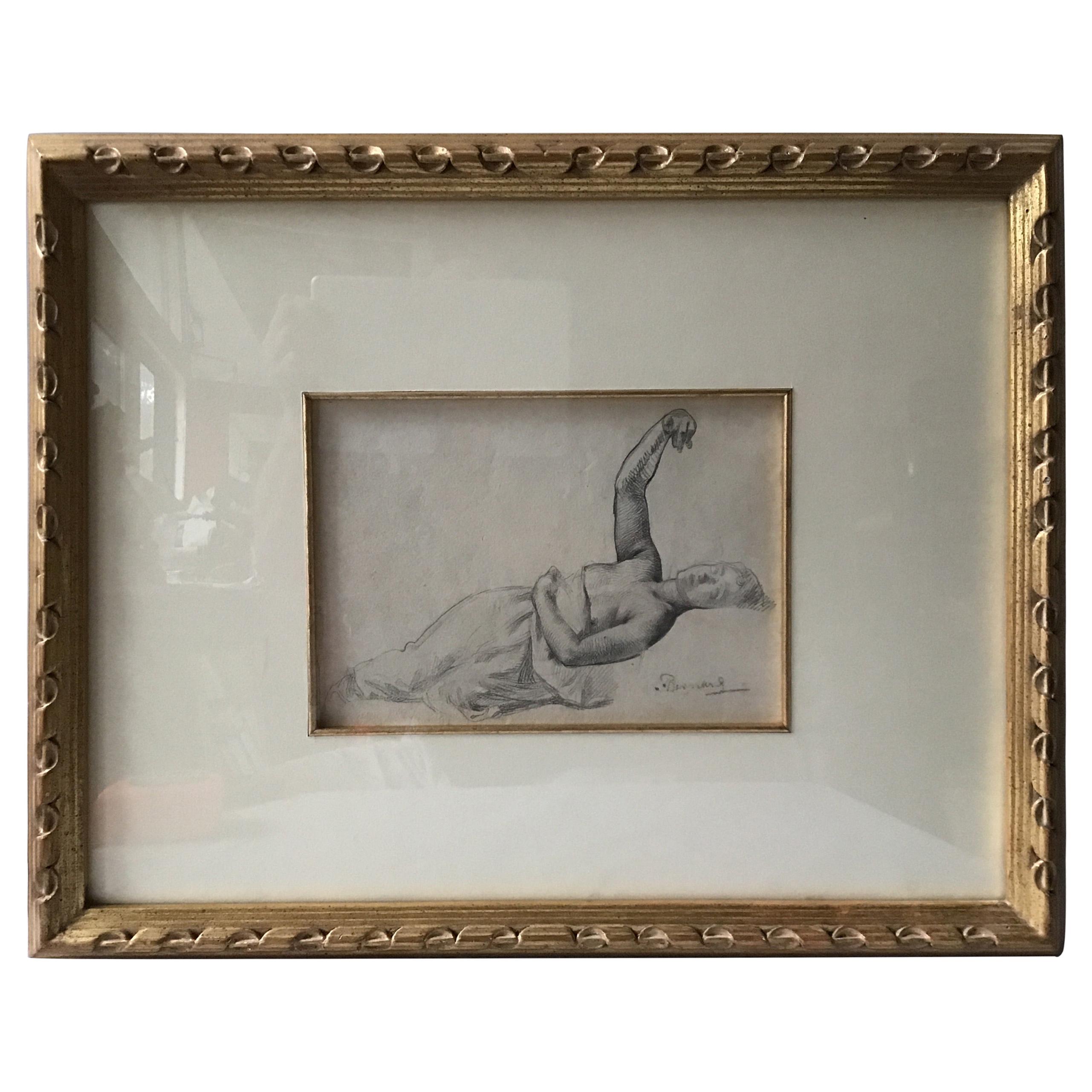 1880s Paul Albert Besnard Pencil Drawing of a Reclining Woman