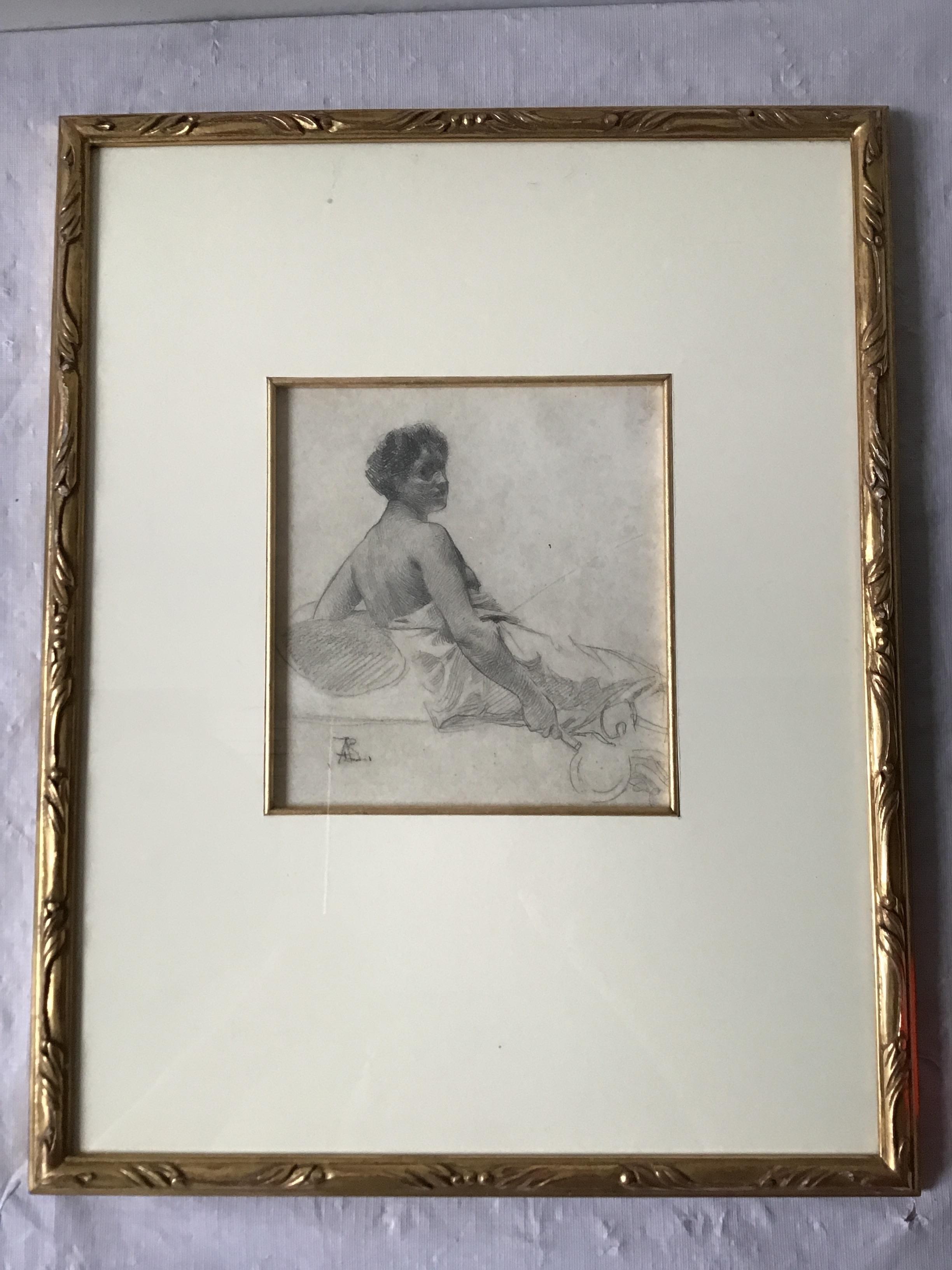 1880s Paul Albert Besnard pencil drawing of a sitting woman. In a gold gilt frame. From a celebrity’s Southampton, NY oceanfront estate.