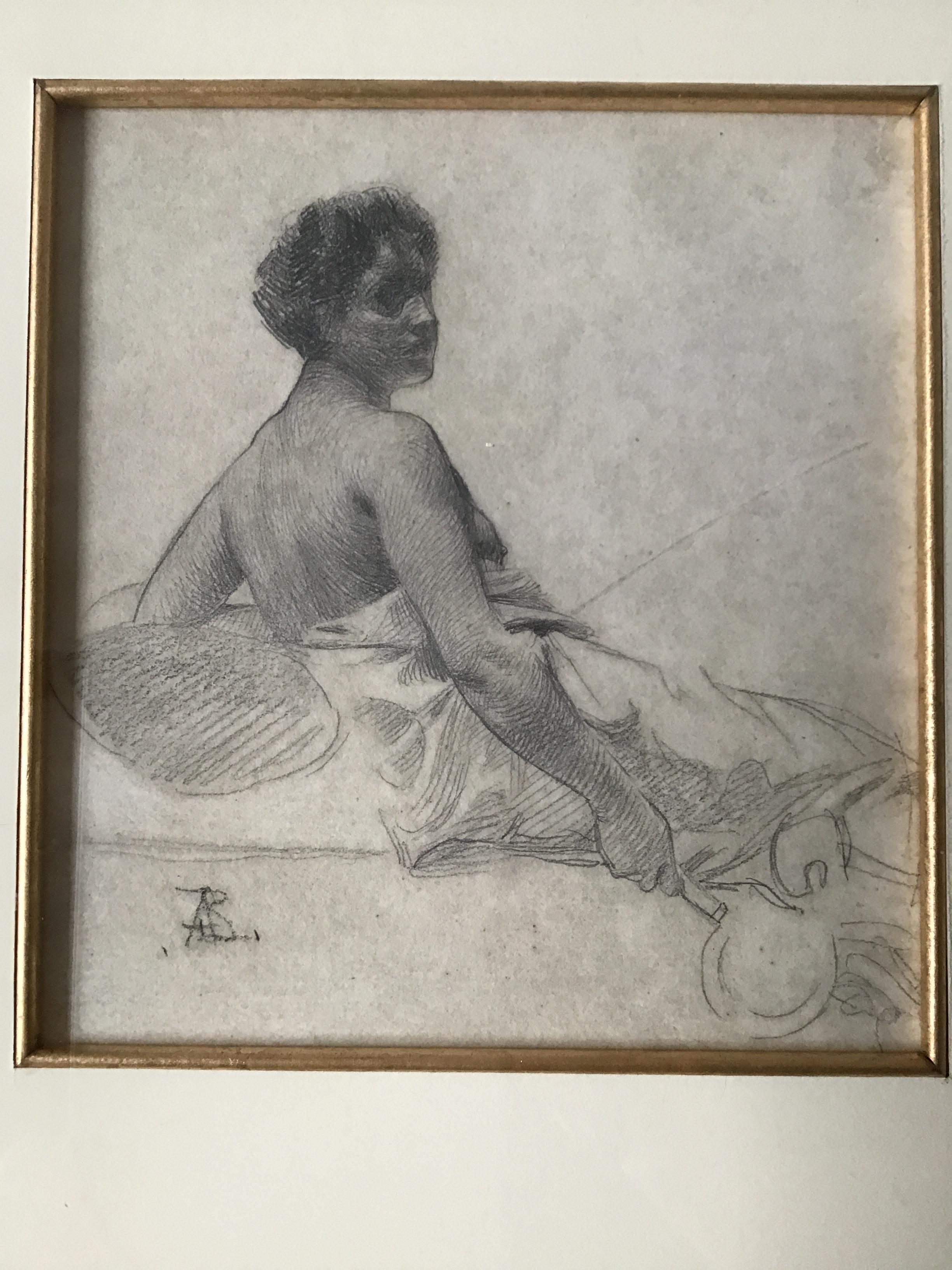 1880s Paul Albert Besnard Pencil Drawing of a Sitting Woman In Good Condition For Sale In Tarrytown, NY