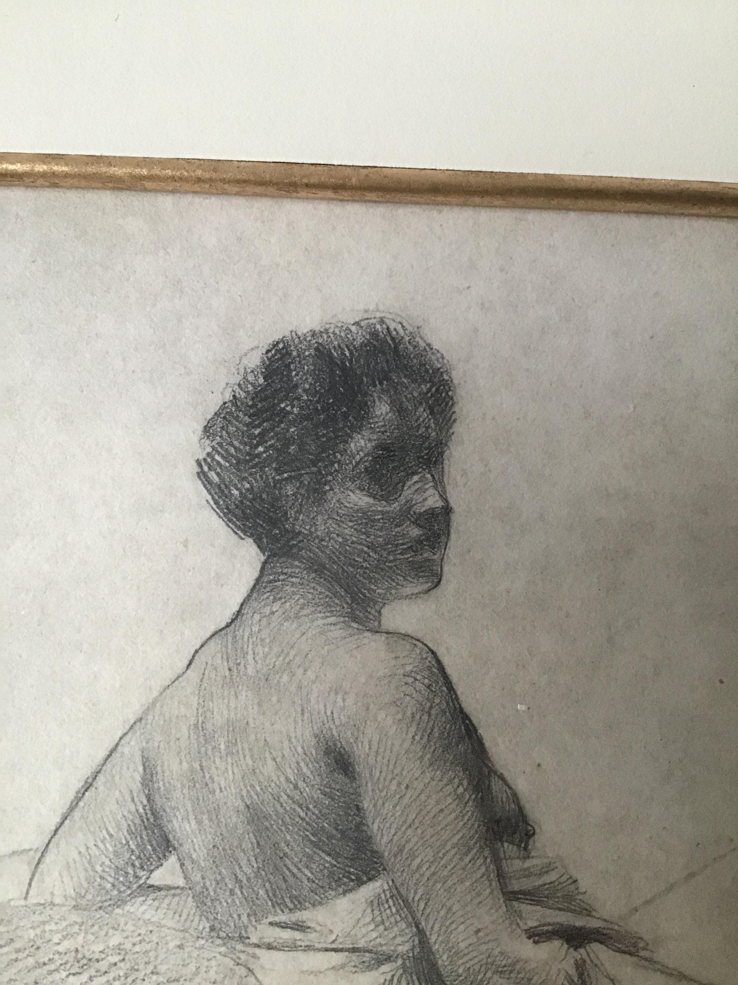 Late 19th Century 1880s Paul Albert Besnard Pencil Drawing of a Sitting Woman For Sale
