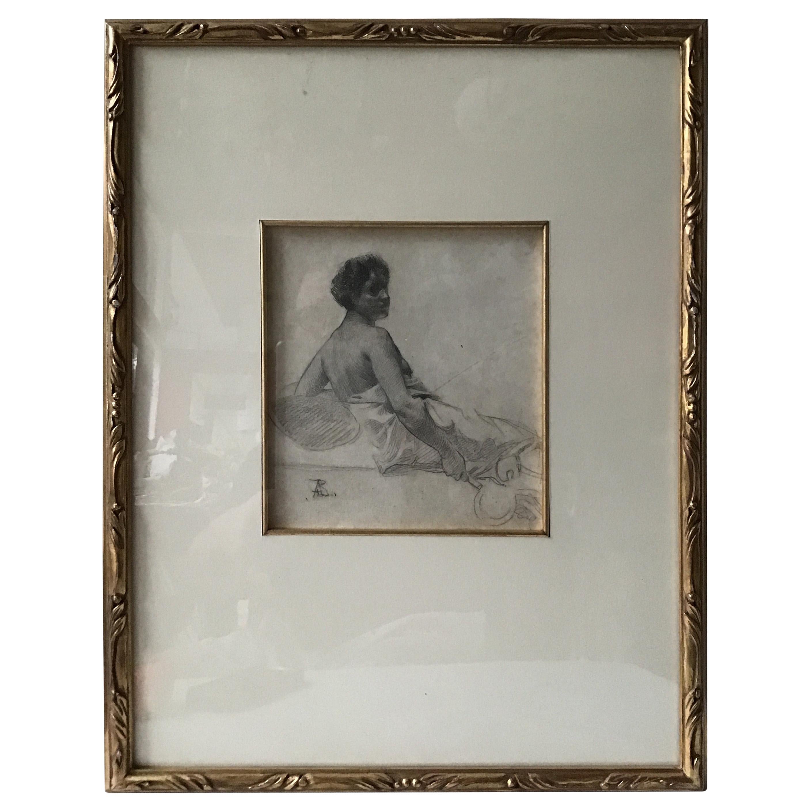 1880s Paul Albert Besnard Pencil Drawing of a Sitting Woman