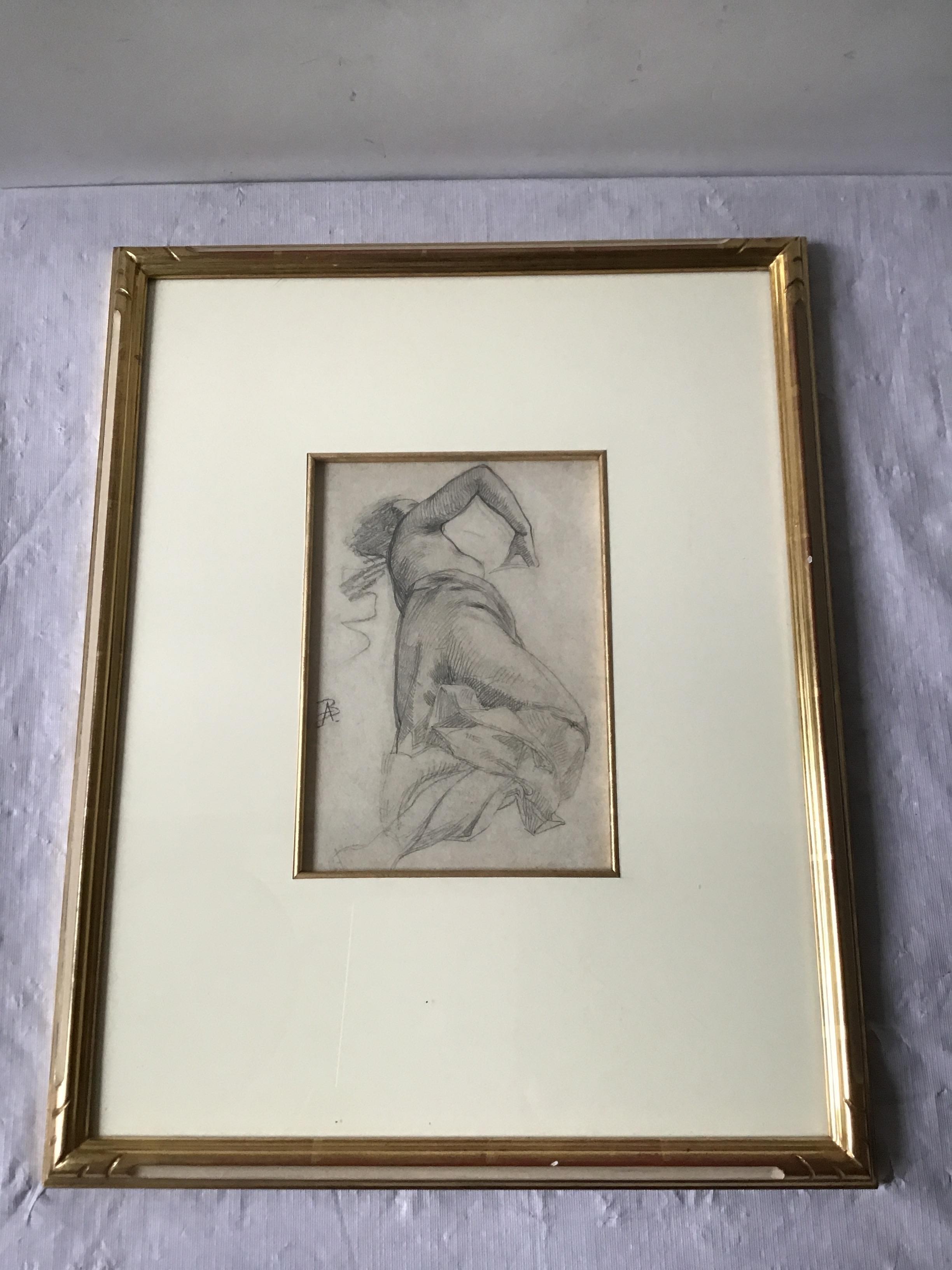 1880s Paul Albert Besnard dessin au crayon d'une femme. Dans un cadre doré à l'or fin. De la propriété en bord de mer d'une célébrité de Southampton, NY.