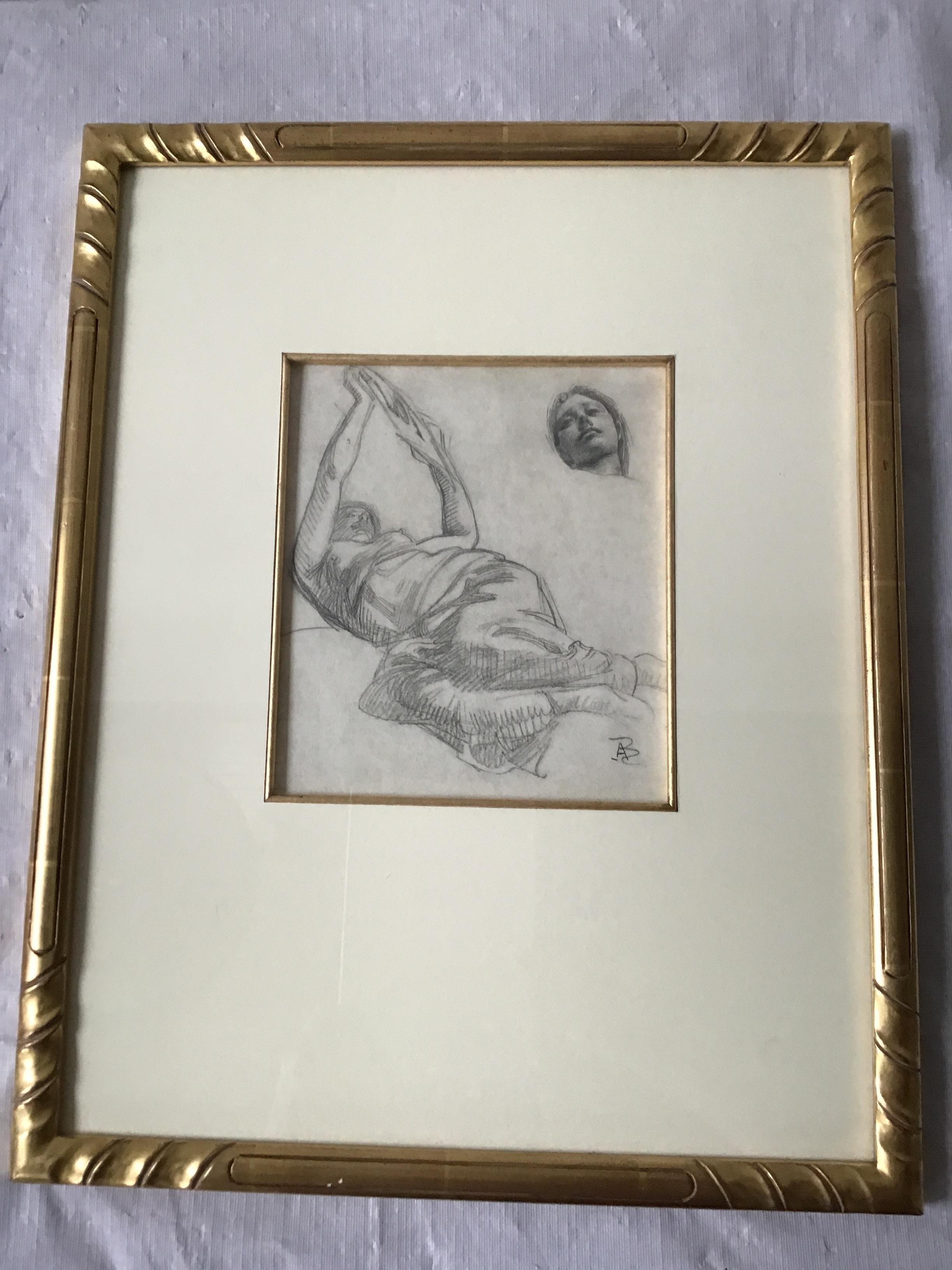 1880s Paul Albert Besnard dessin au crayon d'un visage flottant. Dans un cadre doré à l'or fin. De la propriété en bord de mer d'une célébrité de Southampton, NY.