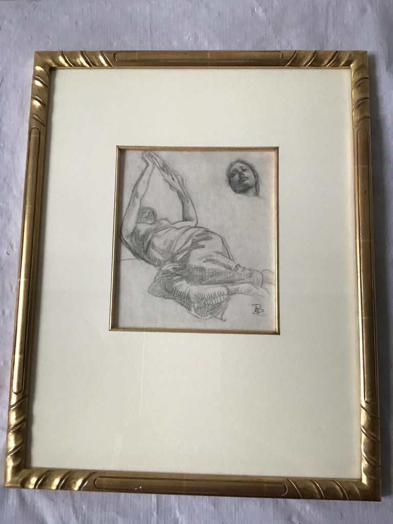 1880s Paul Albert Besnard pencil drawing of floating face. In a gold gilt frame. From a celebrity’s Southampton, NY oceanfront estate.