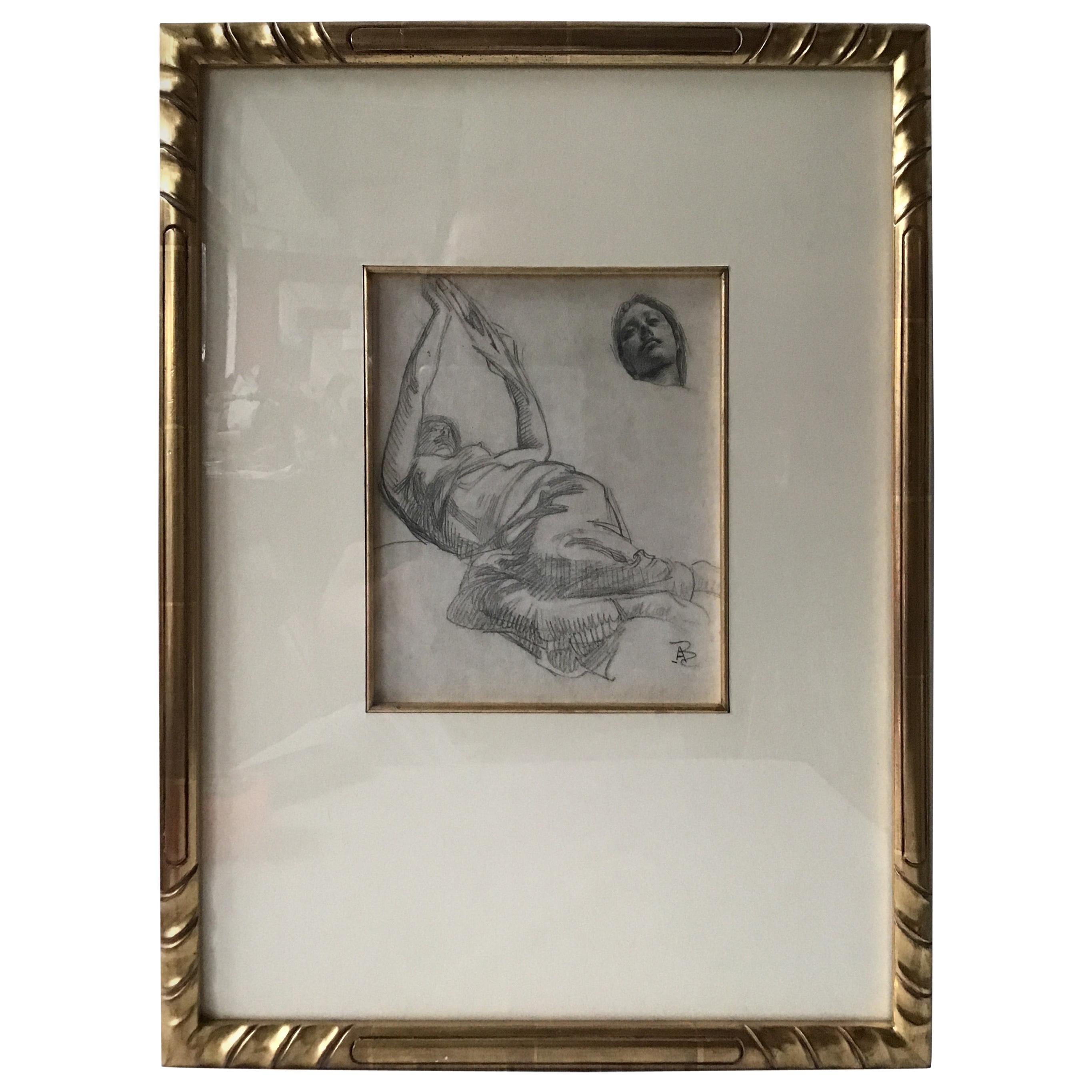 1880s Paul Albert Besnard Dessin au crayon d'un visage flottant