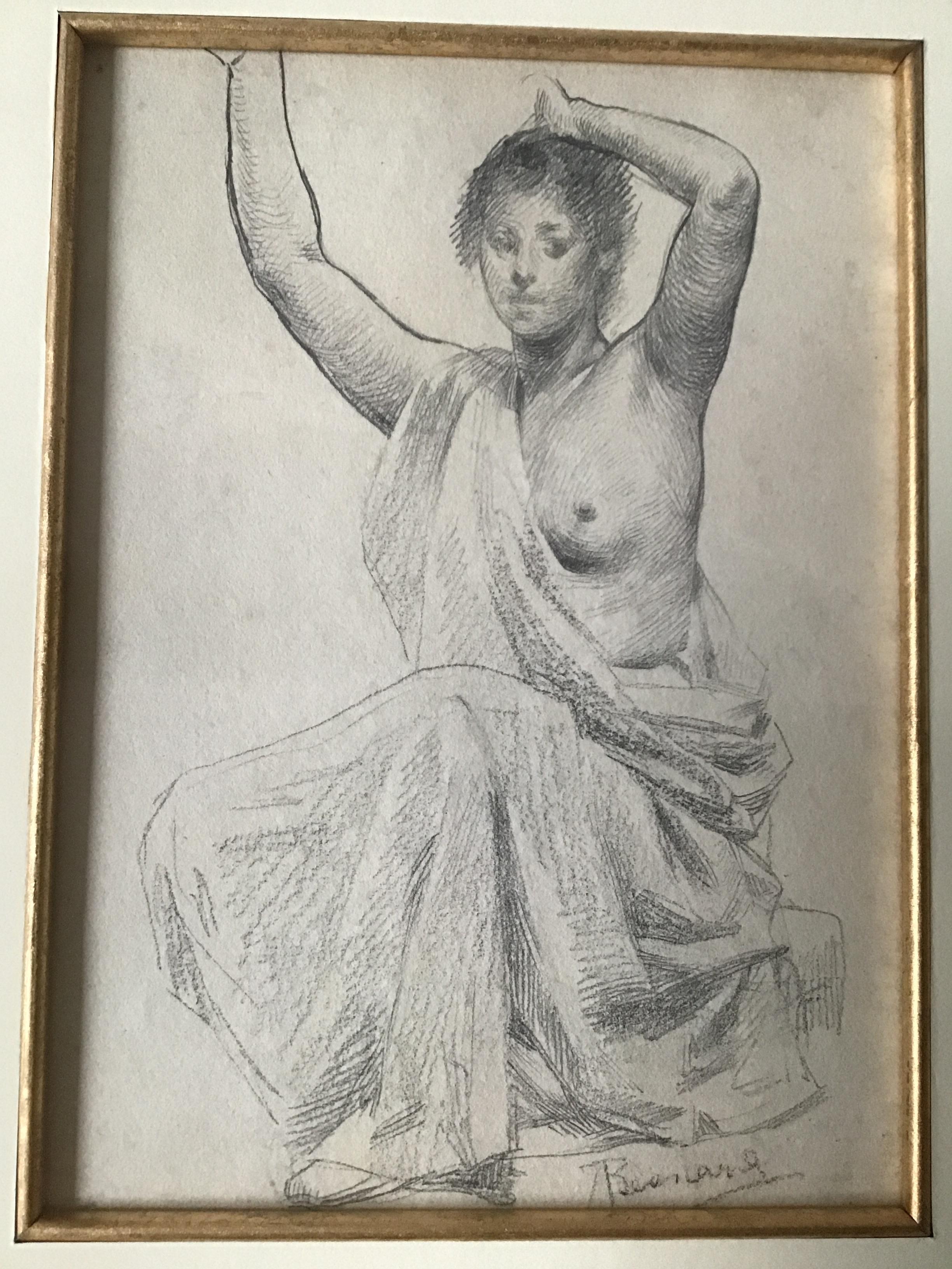 1880s Paul Albert Besnard pencil drawing. From a celebrity’s Southampton, NY oceanfront estate. In a gold gilt frame.