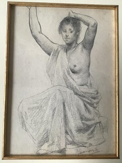 1880s Paul Albert Besnard Pencil Drawing of a Draped Woman