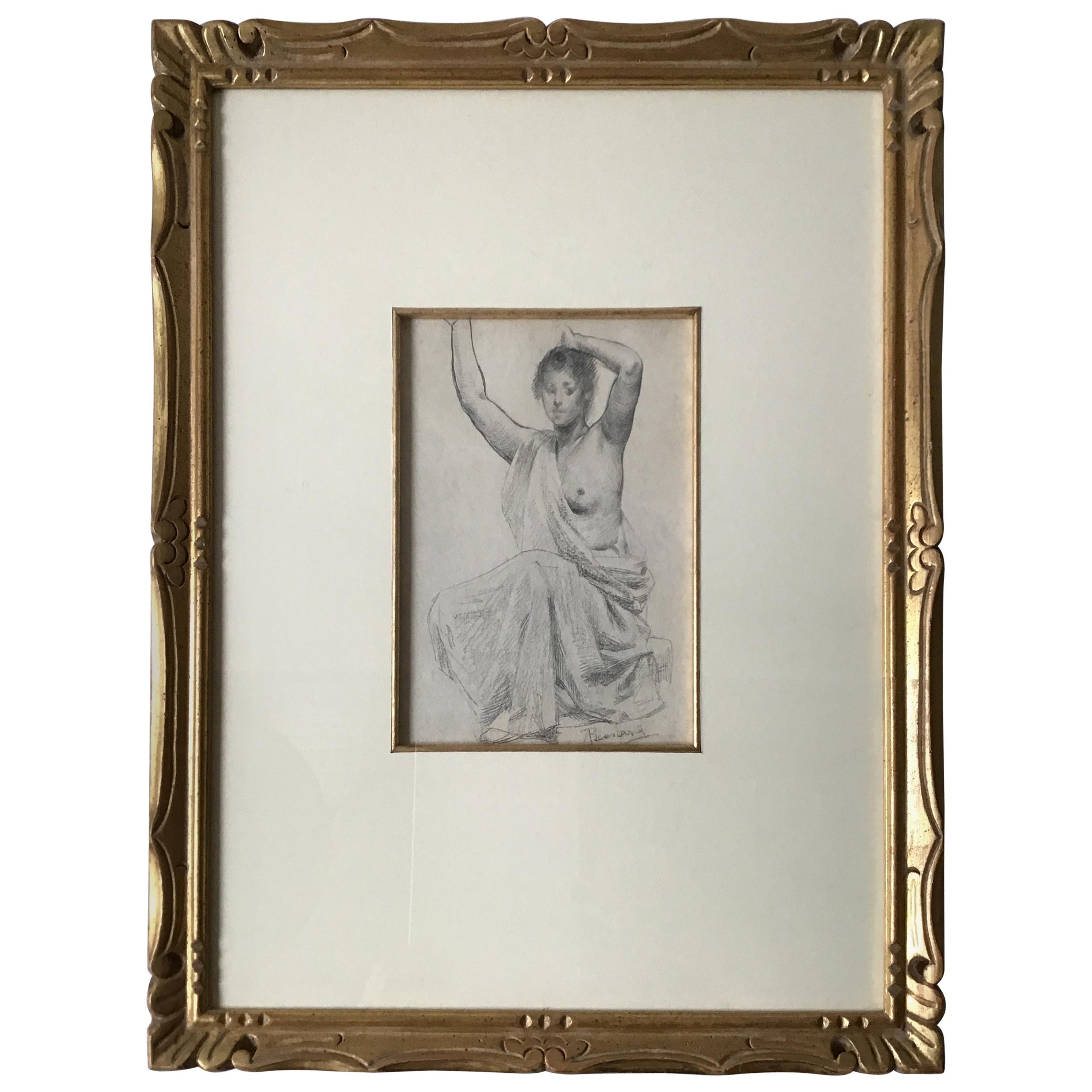 1880s Paul Albert Besnard Pencil Drawing of a Draped Woman