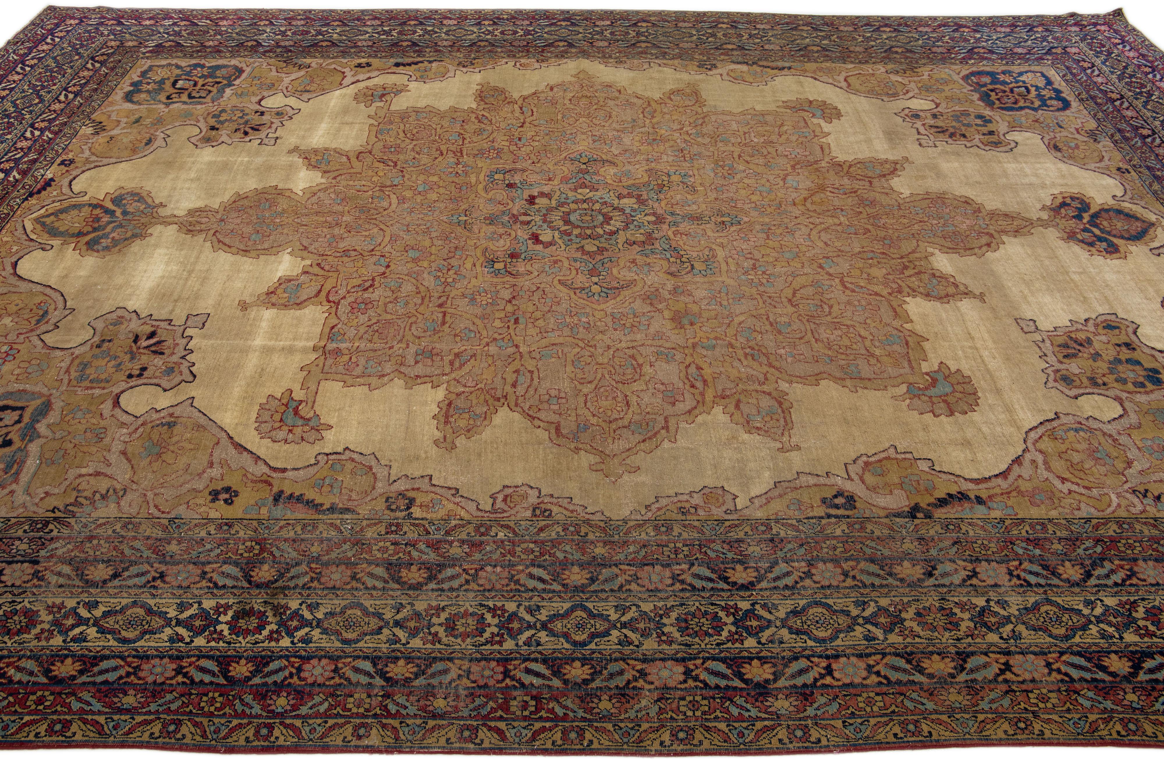 Hand-Knotted 1880s Persian Kerman Wool Rug with Medallion Design in Tan For Sale