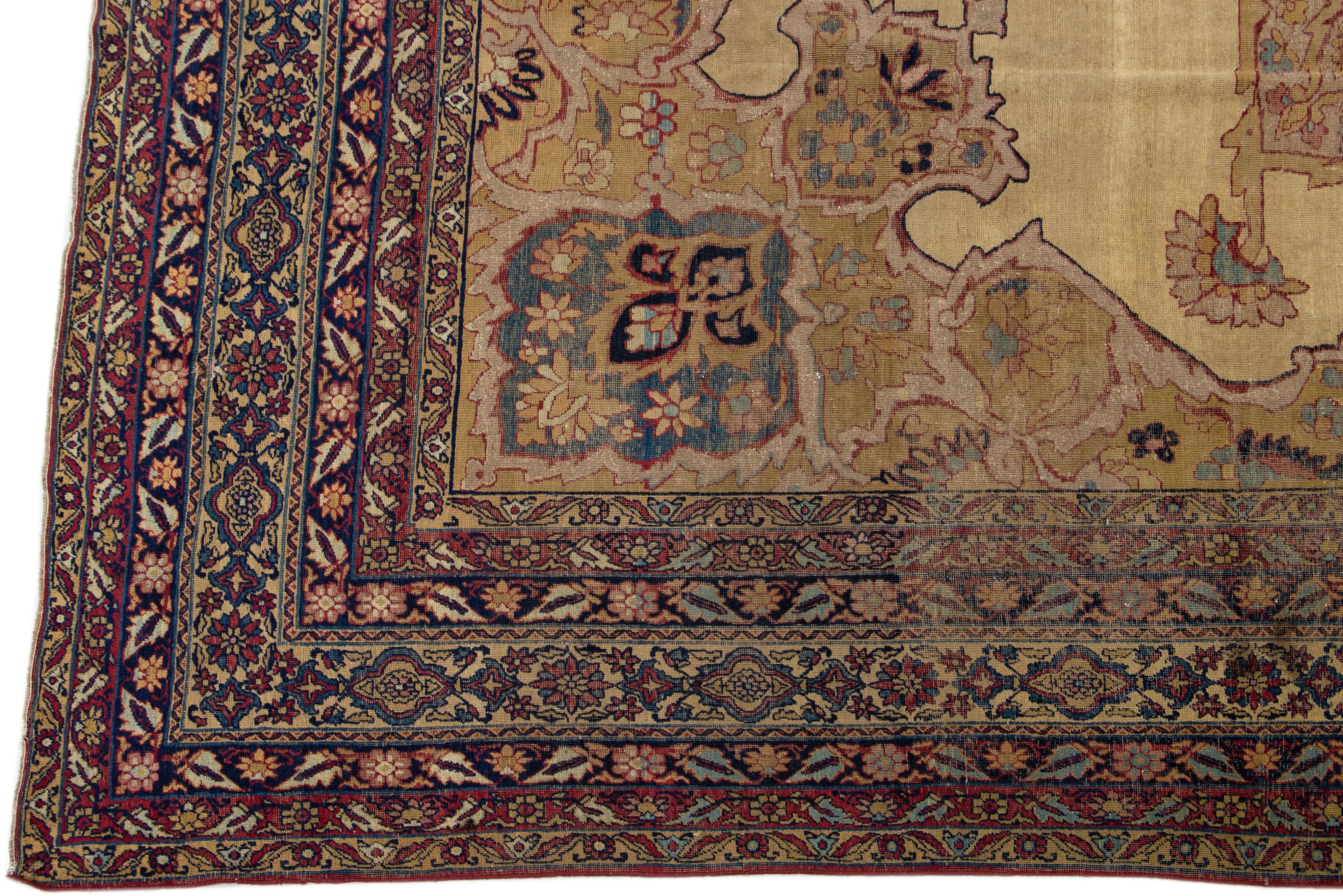 1880s Persian Kerman Wool Rug with Medallion Design in Tan In Distressed Condition For Sale In Norwalk, CT