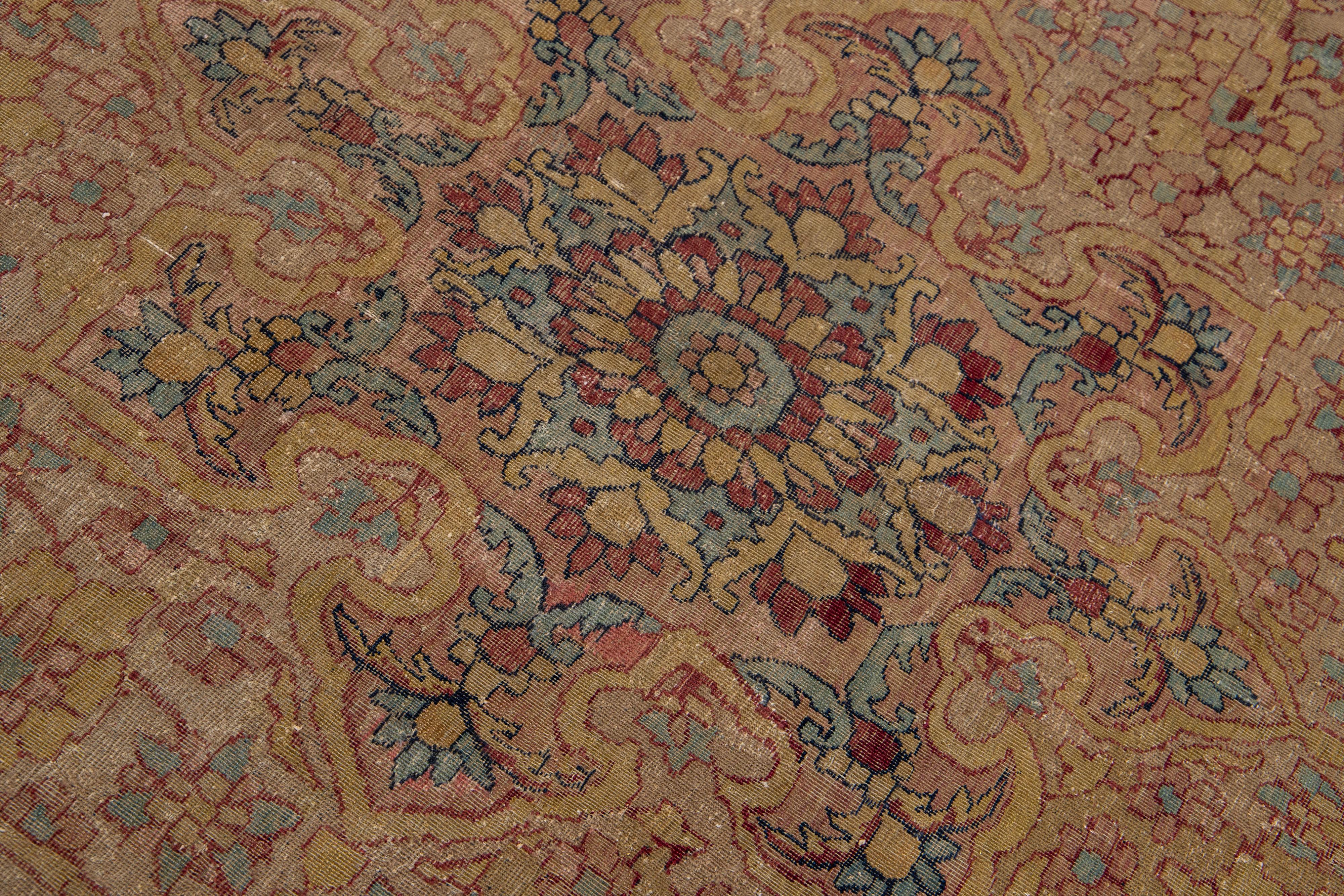 20th Century 1880s Persian Kerman Wool Rug with Medallion Design in Tan For Sale