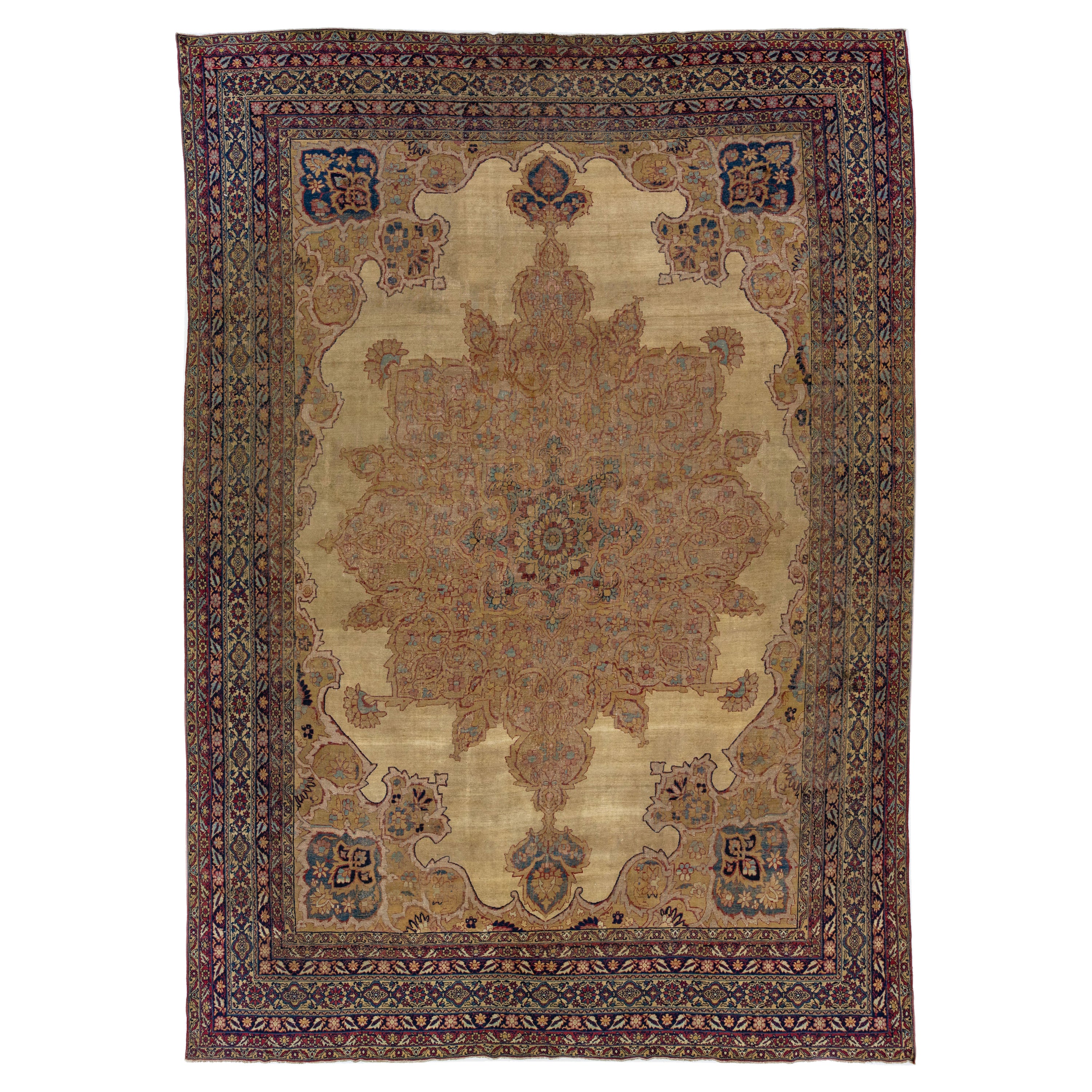 Tappeto persiano in lana Kerman del 1880 con disegno a medaglione in tan