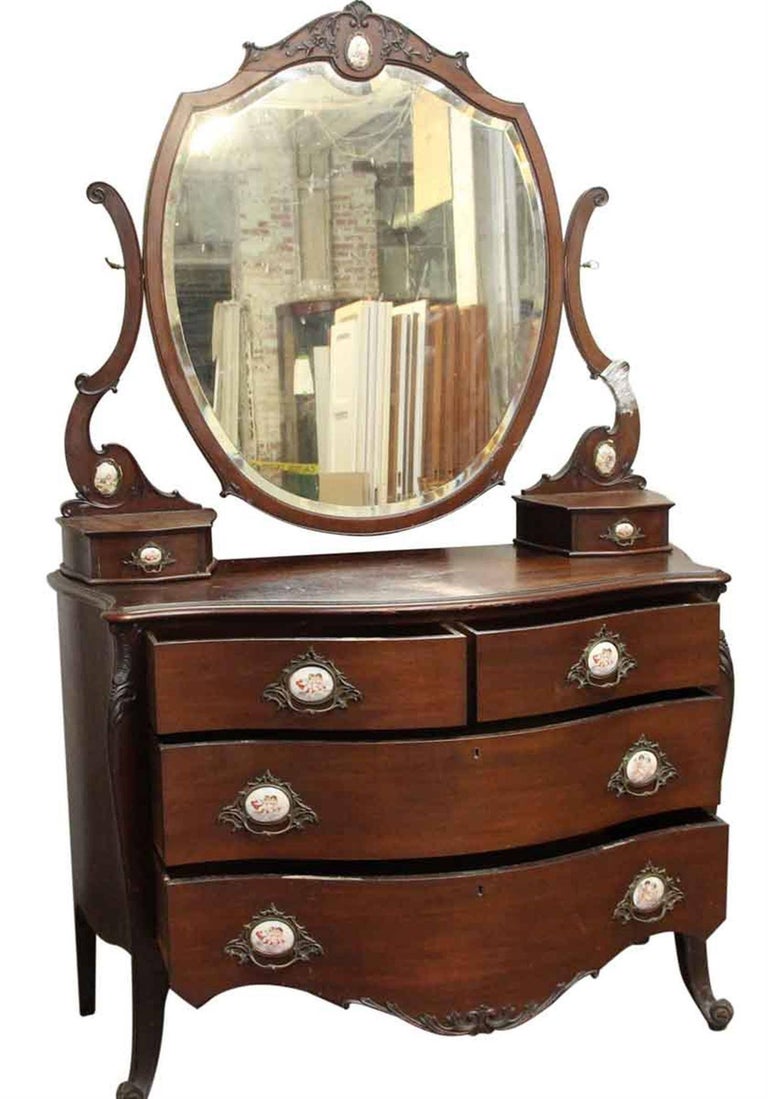 1880s Queen Anne Mahogany Vanity Dresser With Original Beveled