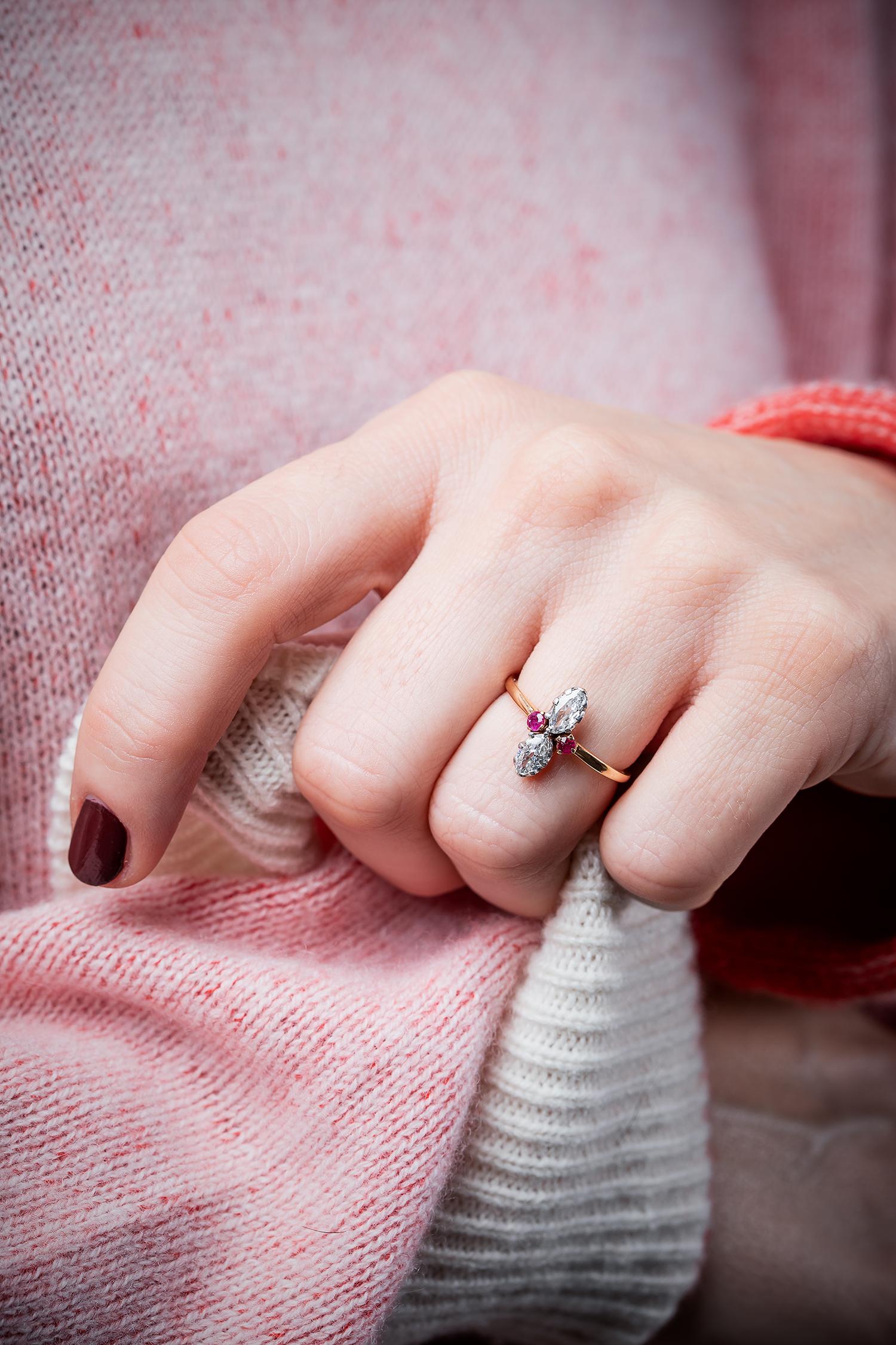 This ring, Ruby and marquise-cut diamond ring, purchased in St. Petersburg in the 1880s according to note on the box from previous owner. Original case - A.Tillander St. Petersburg. Diamonds total approx 1 ct. shank 18K gold.
Size 17.25 / 54 /