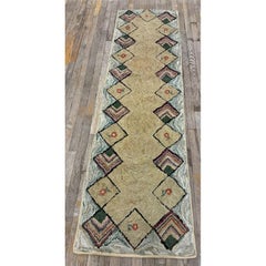 1880s Rustic Beige Open Field Folk Art Runnner Antique American Wool Hooked Rug
