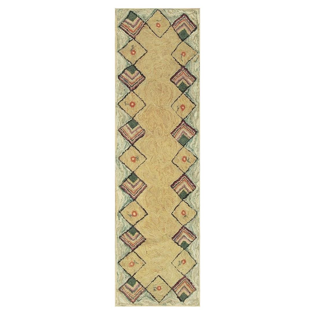 1880s Rustic Beige Open Field Folk Art Runnner Antique American Wool Hooked Rug For Sale