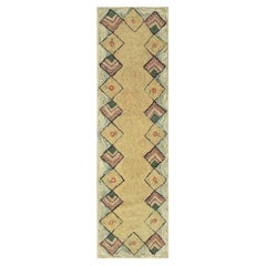 1880s Rustic Beige Open Field Folk Art Runnner Antique American Wool Hooked Rug