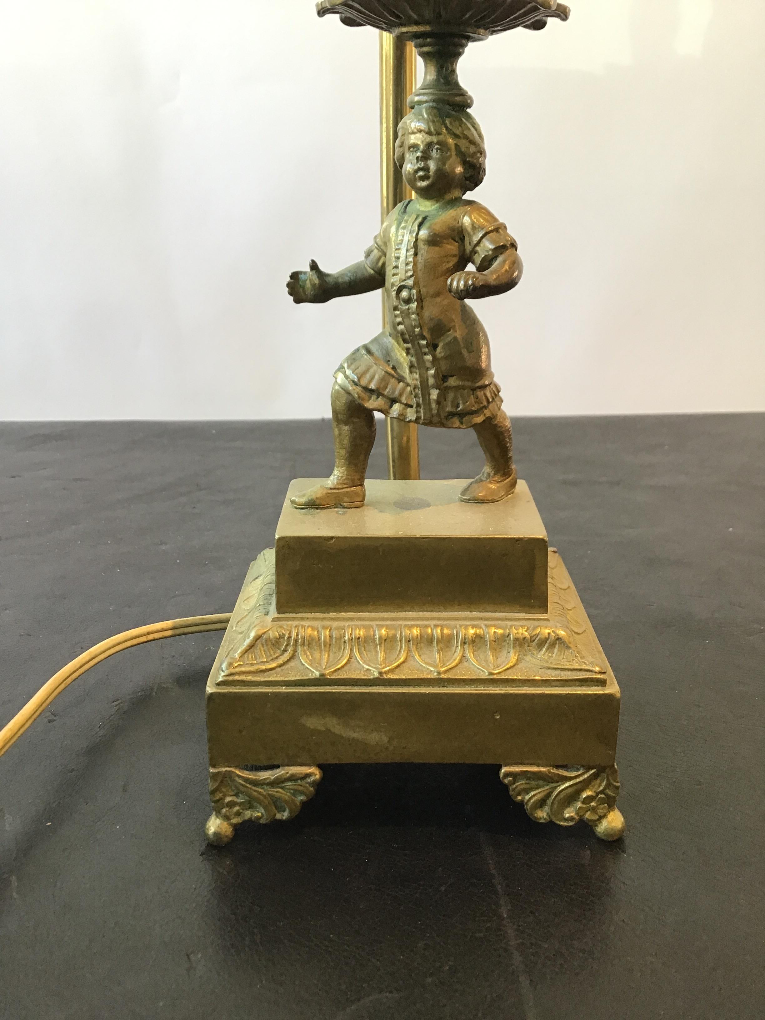 1880s Small Bronze Boy Candlestick Lamp 3