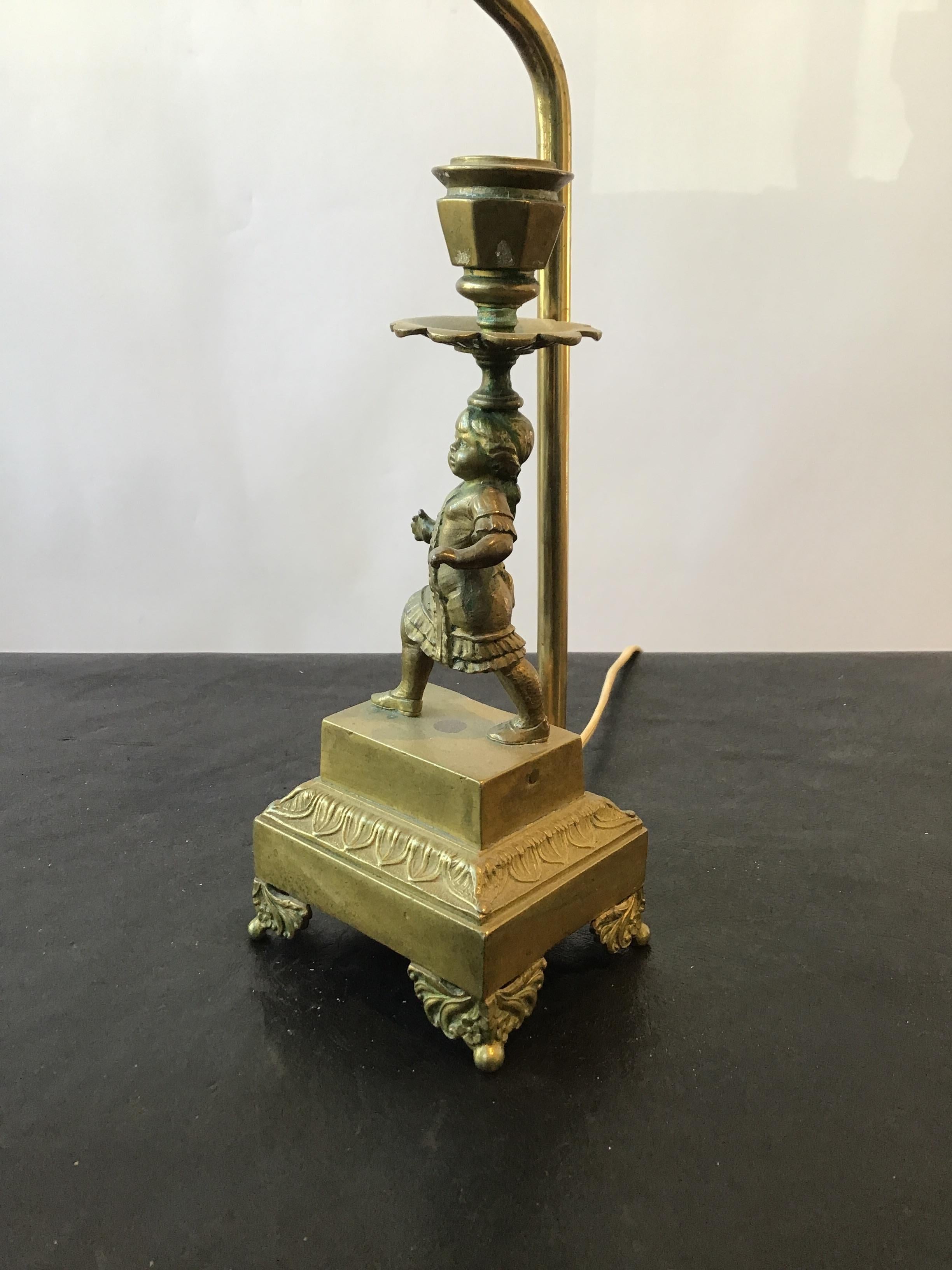 1880s Small Bronze Boy Candlestick Lamp In Good Condition In Tarrytown, NY