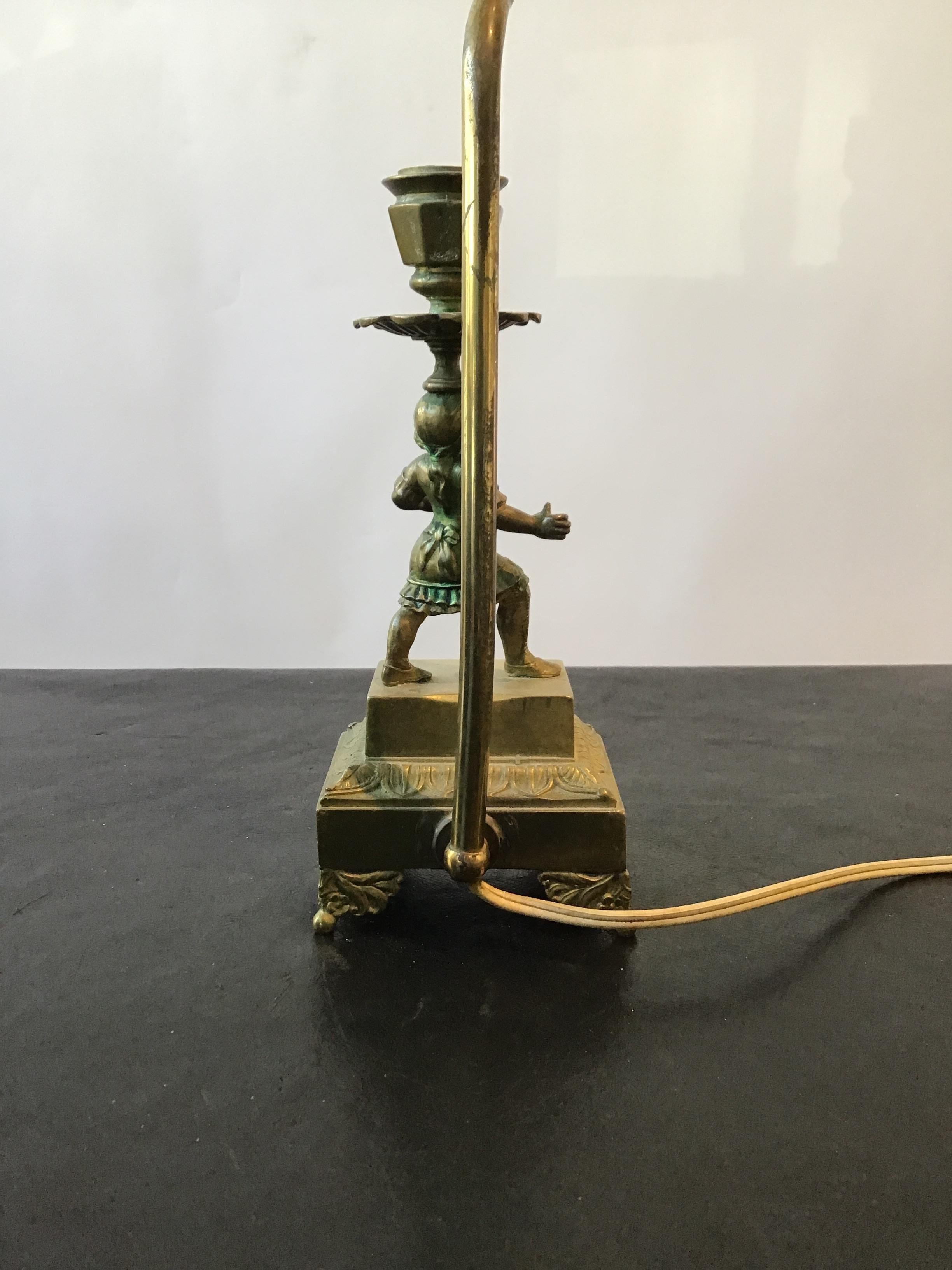 1880s Small Bronze Boy Candlestick Lamp 1