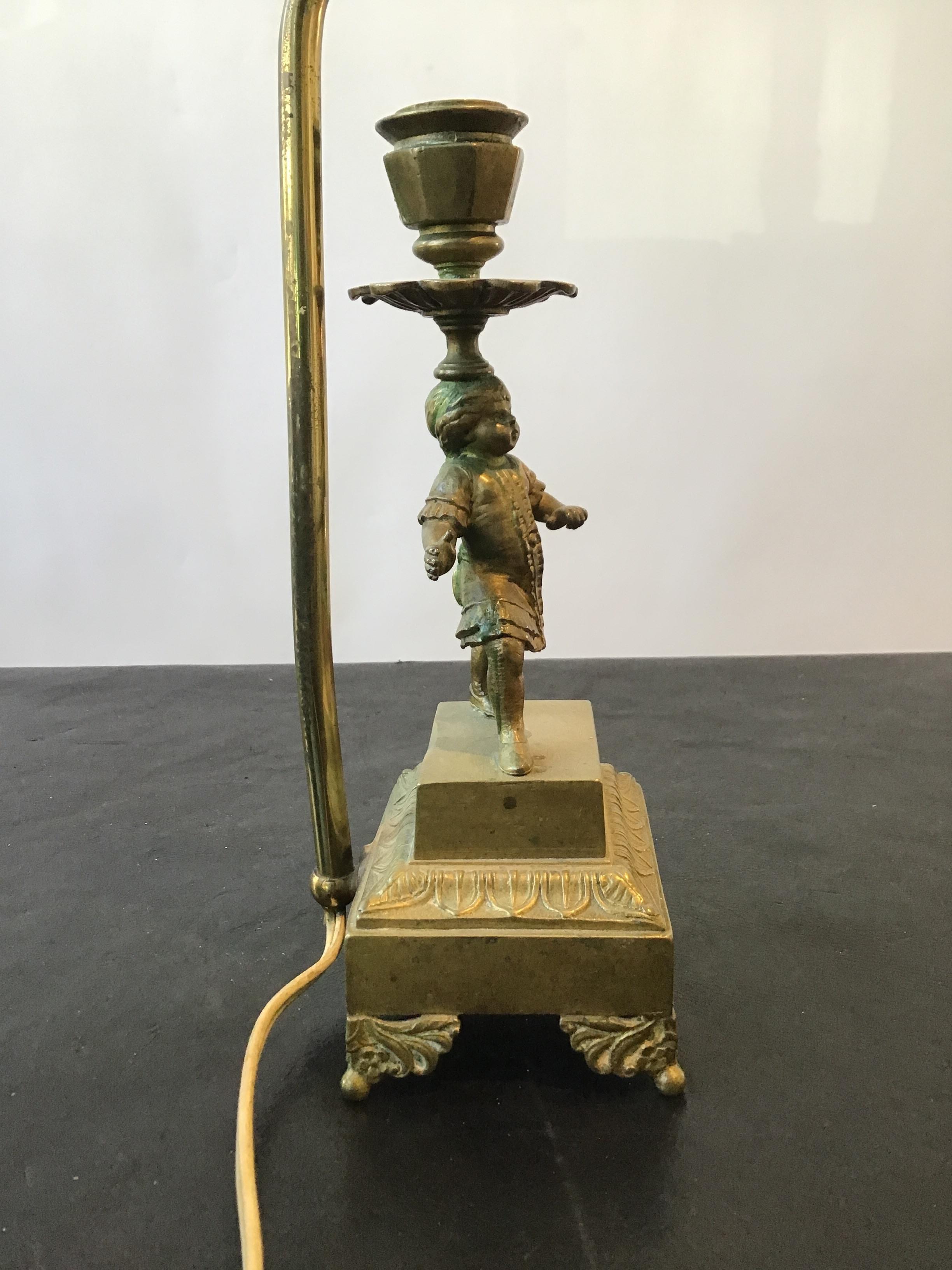 1880s Small Bronze Boy Candlestick Lamp 2