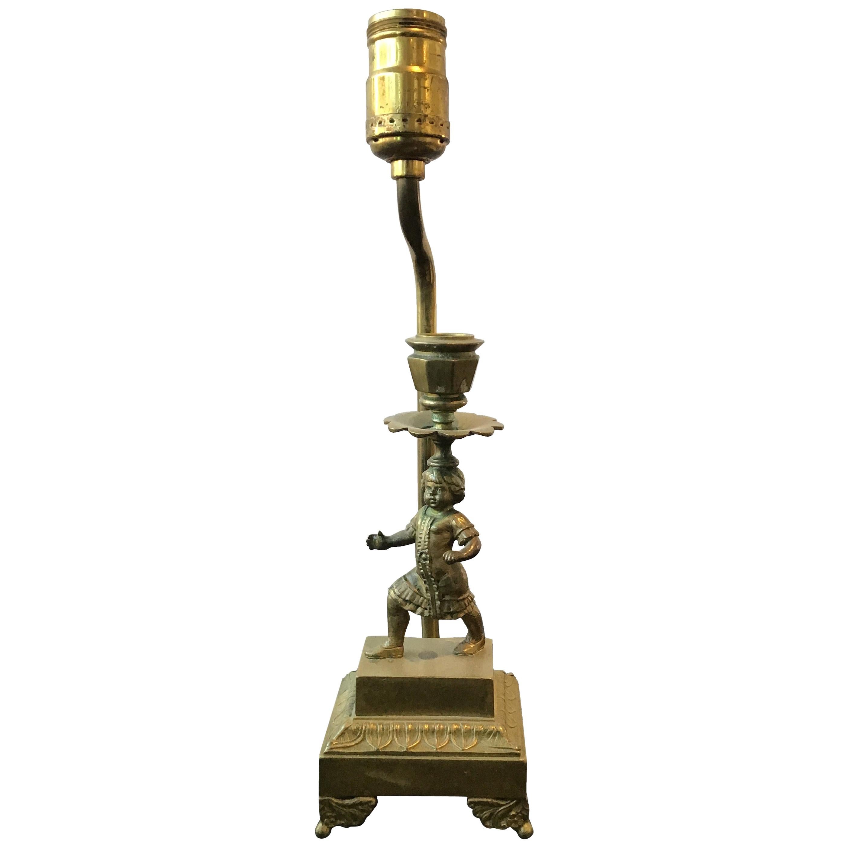 1880s Small Bronze Boy Candlestick Lamp