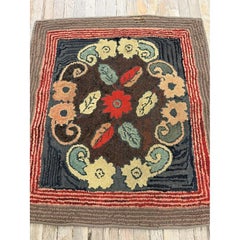 1880s Small Traditional Brown Leaves Folk Art Antique American Wool Hooked Rug
