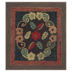 1880s Small Traditional Brown Leaves Folk Art Antique American Wool Hooked Rug