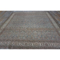 1880s Square Blue Navy Antique Sarouk Floral Desing Knotted Wool Malayer Rug