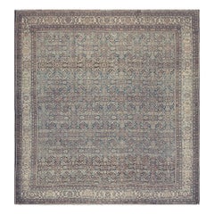 1880s Square Blue Navy Antique Sarouk Floral Desing Knotted Wool Malayer Rug