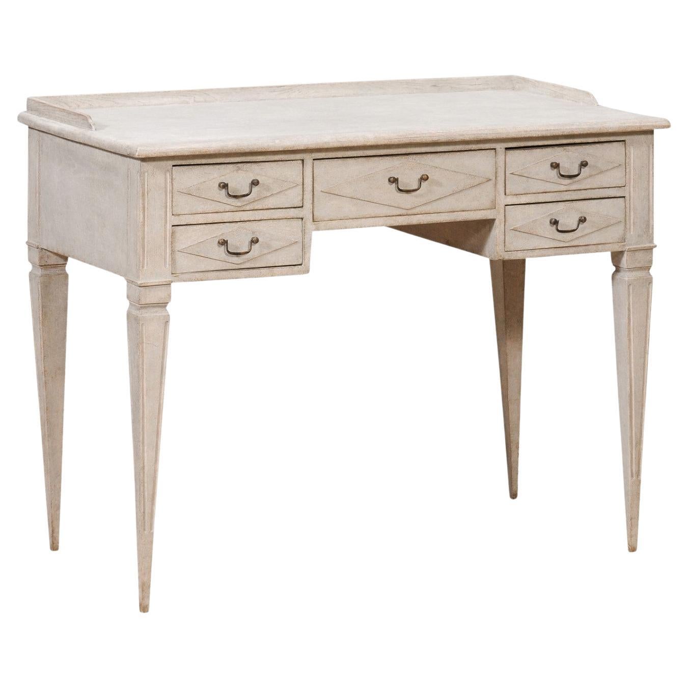 1880s Swedish Gustavian Style Painted Desk with Five Drawers and Tapered Legs For Sale