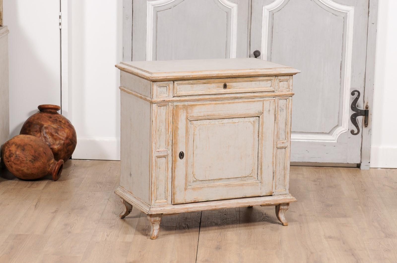 Carved 1880s Swedish Neutral Grey Painted Small Cabinet with Single Drawer over Door For Sale