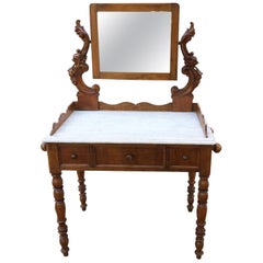 Antique Table  Italian Toilette Carved Walnut Carrara Marble Mirror