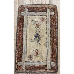 1880s Traditional Beige Antique Folk Art American Hooked Knotted Wool Rug